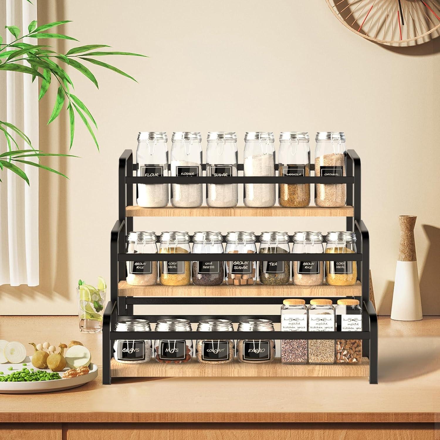 Spice Rack Organizer for Countertop , 3-Tier Magnetic Spice Storage Holder with Wooden Steps for Kitchen , Coffee Syrup Rack Iron Fall Protection ,Versatile Display Rack for Wine Bottles,Cosmetics.