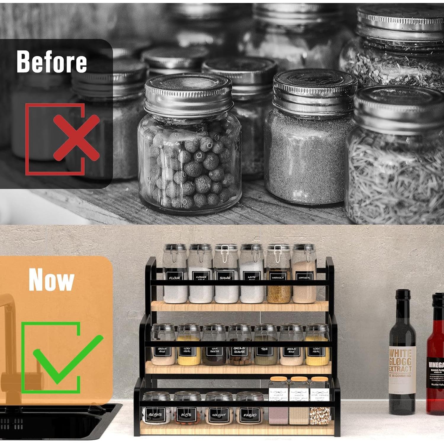 Spice Rack Organizer for Countertop , 3-Tier Magnetic Spice Storage Holder with Wooden Steps for Kitchen , Coffee Syrup Rack Iron Fall Protection ,Versatile Display Rack for Wine Bottles,Cosmetics.