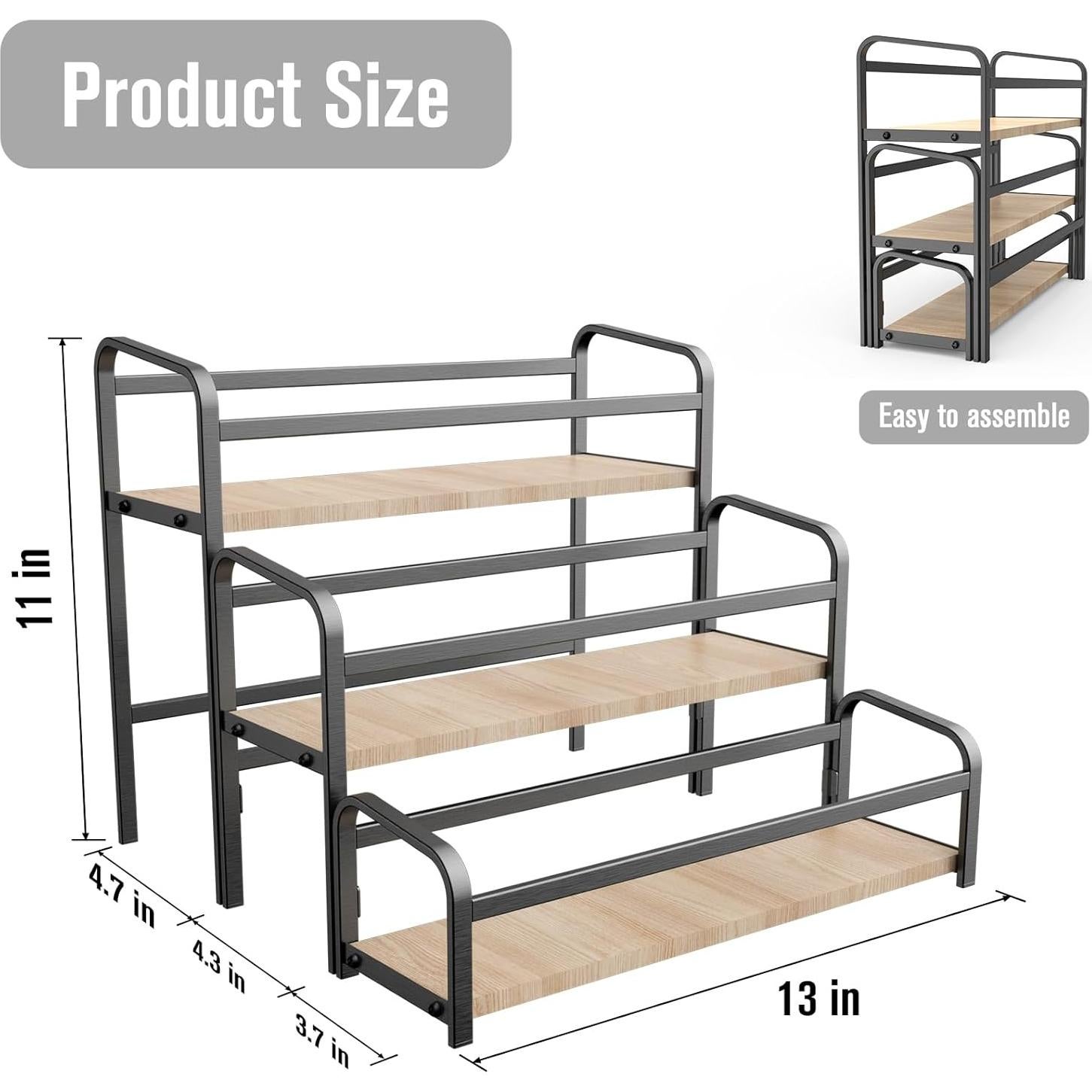 Spice Rack Organizer for Countertop , 3-Tier Magnetic Spice Storage Holder with Wooden Steps for Kitchen , Coffee Syrup Rack Iron Fall Protection ,Versatile Display Rack for Wine Bottles,Cosmetics.