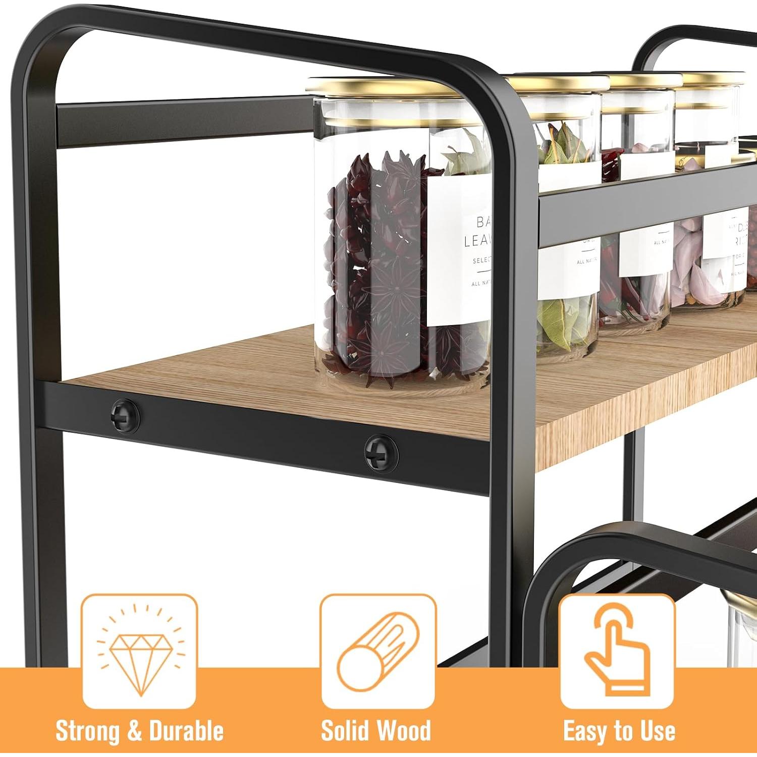 Spice Rack Organizer for Countertop , 3-Tier Magnetic Spice Storage Holder with Wooden Steps for Kitchen , Coffee Syrup Rack Iron Fall Protection ,Versatile Display Rack for Wine Bottles,Cosmetics.