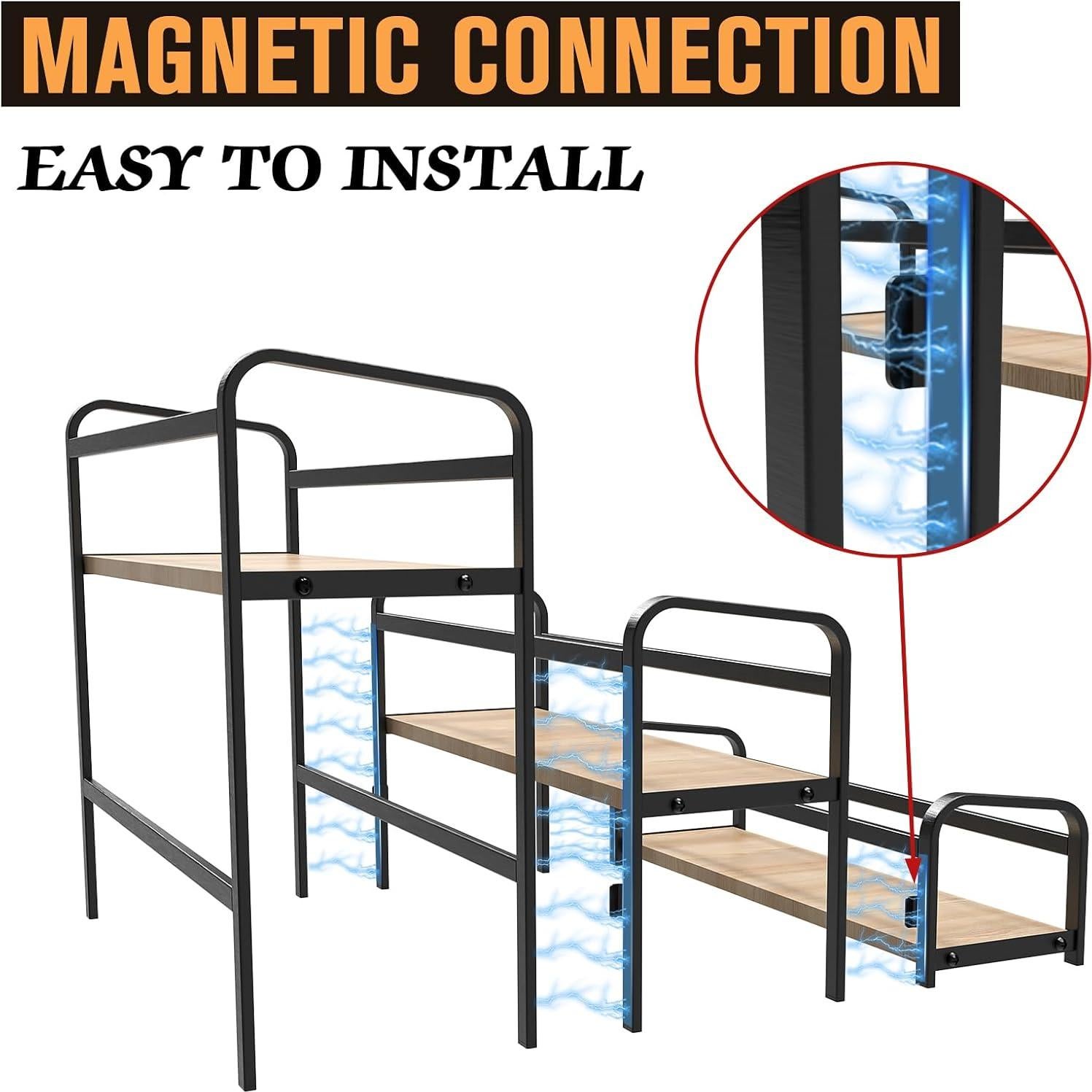 Spice Rack Organizer for Countertop , 3-Tier Magnetic Spice Storage Holder with Wooden Steps for Kitchen , Coffee Syrup Rack Iron Fall Protection ,Versatile Display Rack for Wine Bottles,Cosmetics.