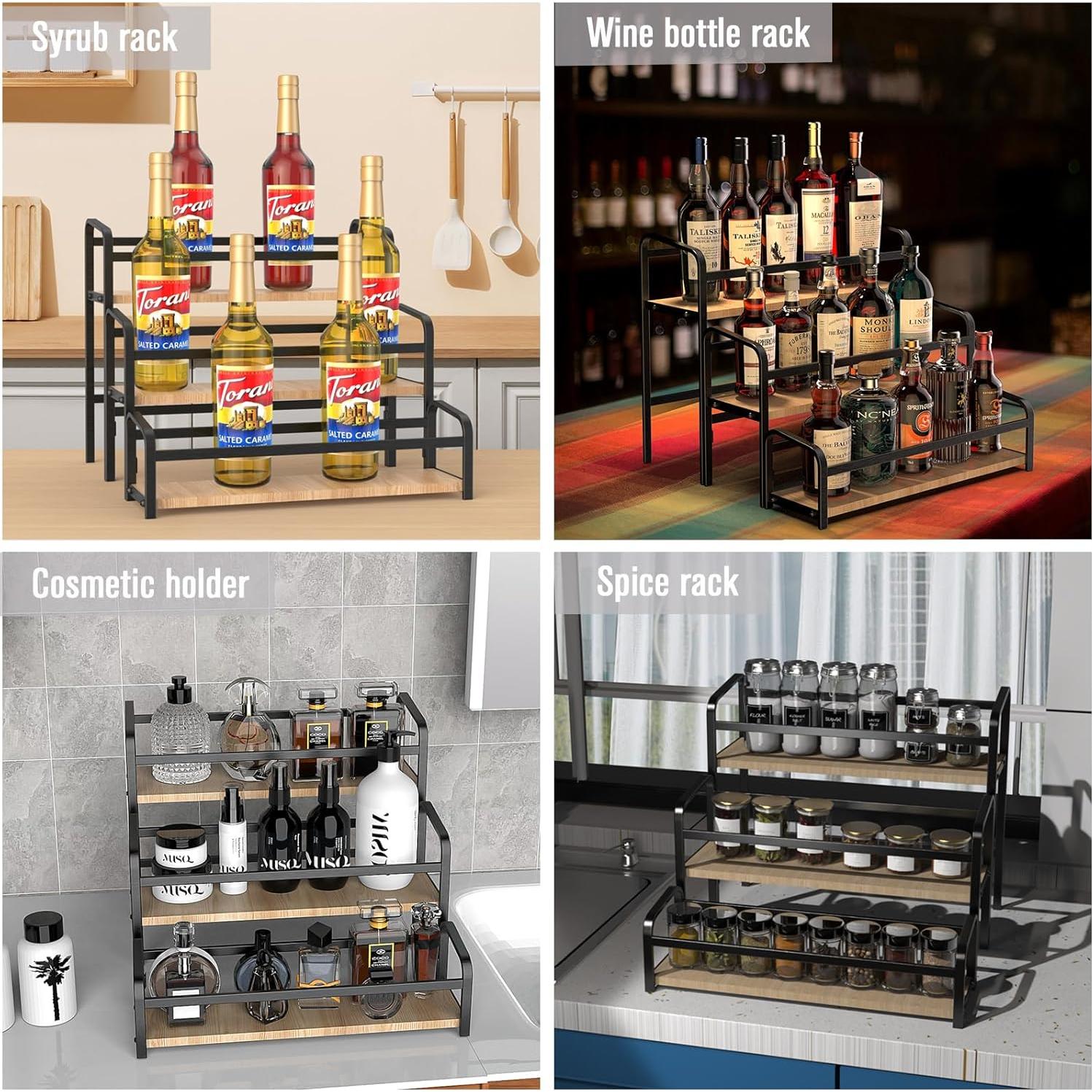 Spice Rack Organizer for Countertop , 3-Tier Magnetic Spice Storage Holder with Wooden Steps for Kitchen , Coffee Syrup Rack Iron Fall Protection ,Versatile Display Rack for Wine Bottles,Cosmetics.