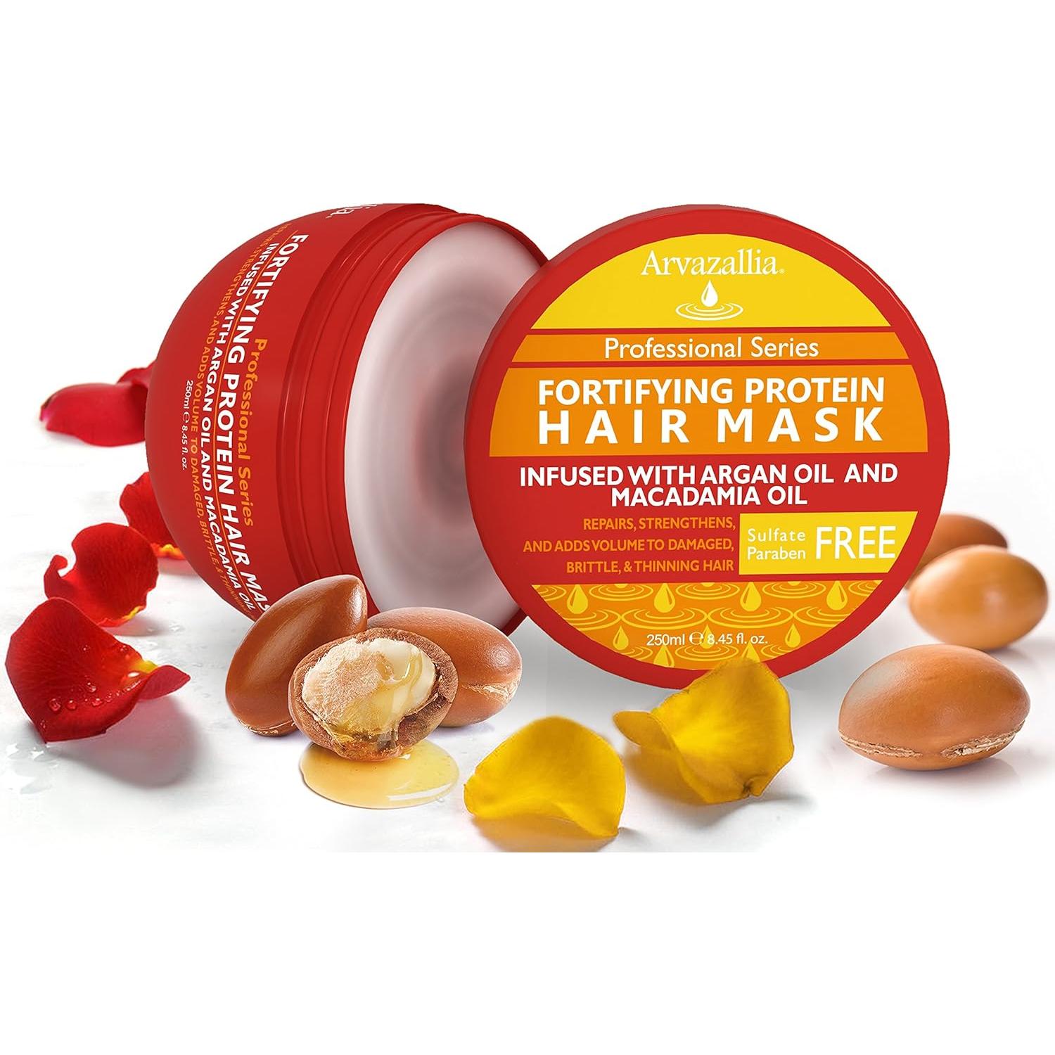 Arvazallia Fortifying Protein Hair Mask and Deep Conditioner with Argan Oil and Macadamia Oil Hair Repair Treatment for Damaged, Brittle, or Thinning Hair - Promotes Natural Hair Growth