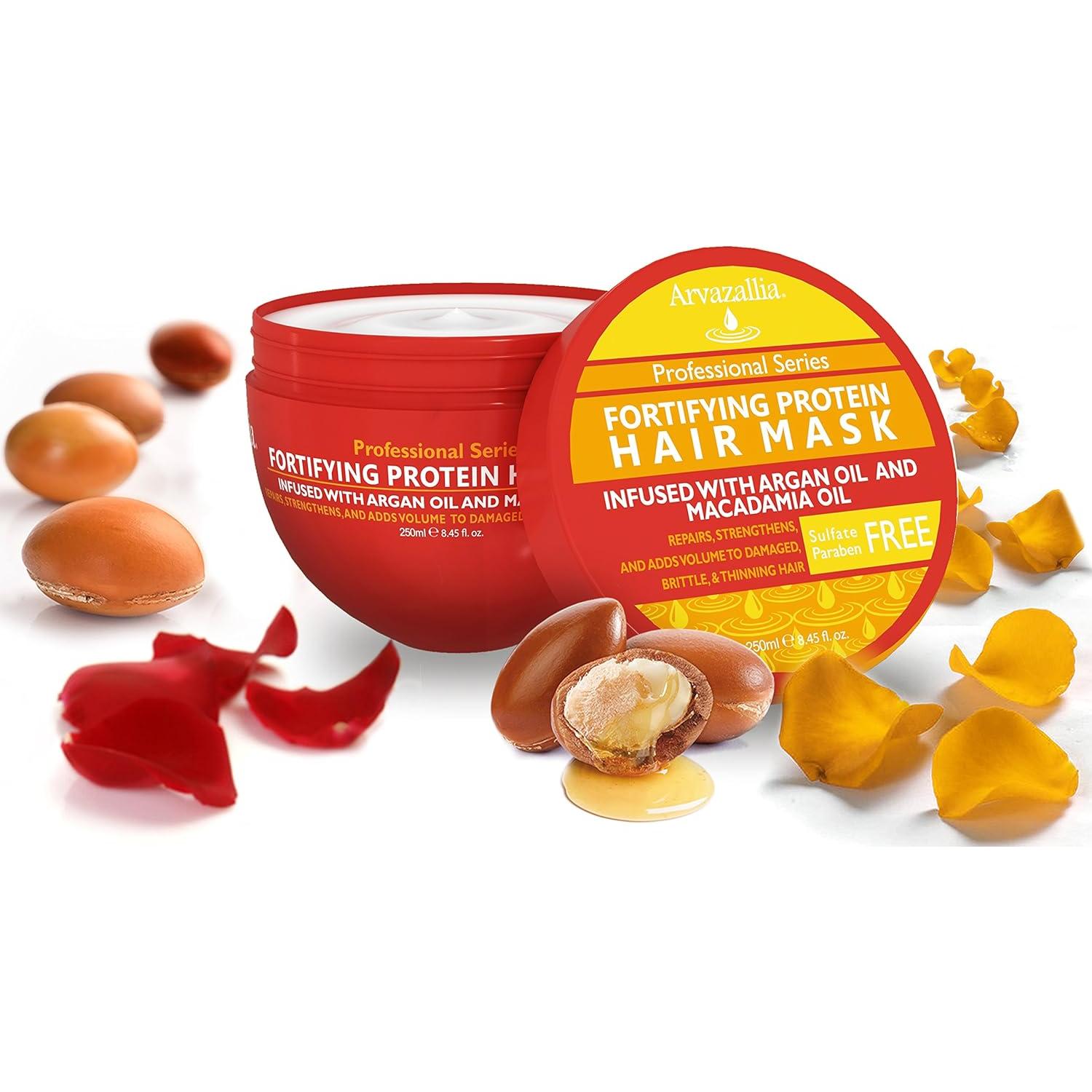 Arvazallia Fortifying Protein Hair Mask and Deep Conditioner with Argan Oil and Macadamia Oil Hair Repair Treatment for Damaged, Brittle, or Thinning Hair - Promotes Natural Hair Growth