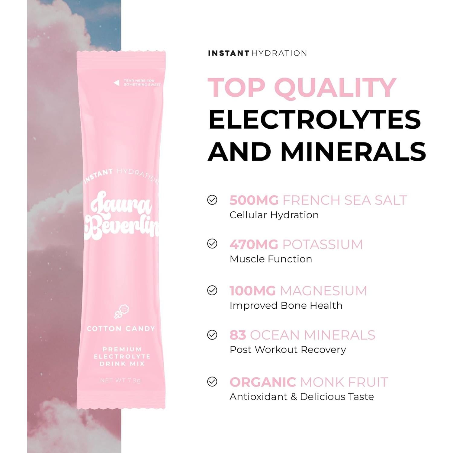 Polvo de Electrolitos Hidratación Instantánea - Algodón de Azúcar - 30 Palitos - Sin Azúcar, Keto, Vegano