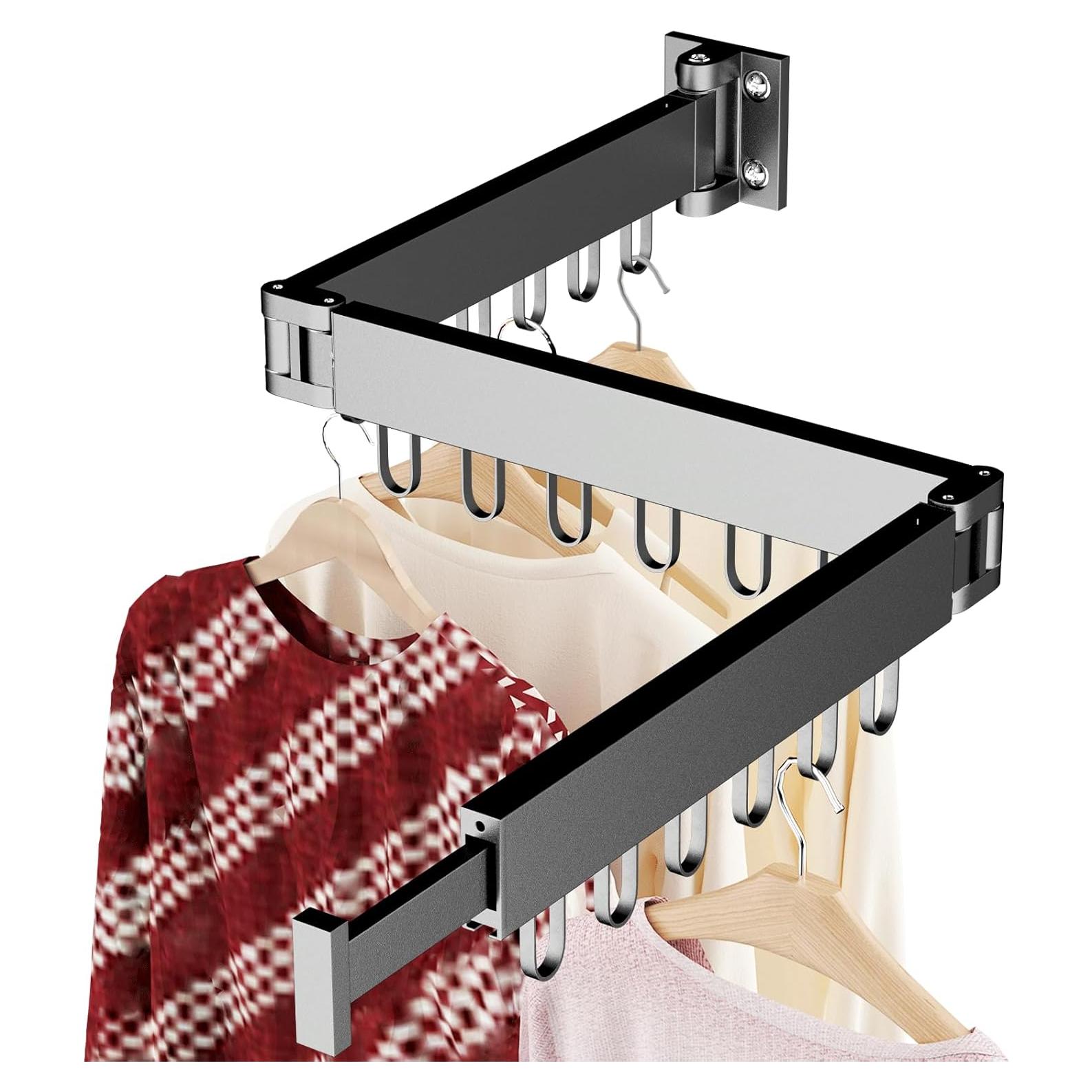 JAUREE Clothes Drying Rack Wall Mounted, Laundry Drying Rack Collapsible, Space Saving Wall Drying Rack Clothing Foldable, Tri-Fold Retractable Rack Outdoor Indoor with 18 Hooks, Black