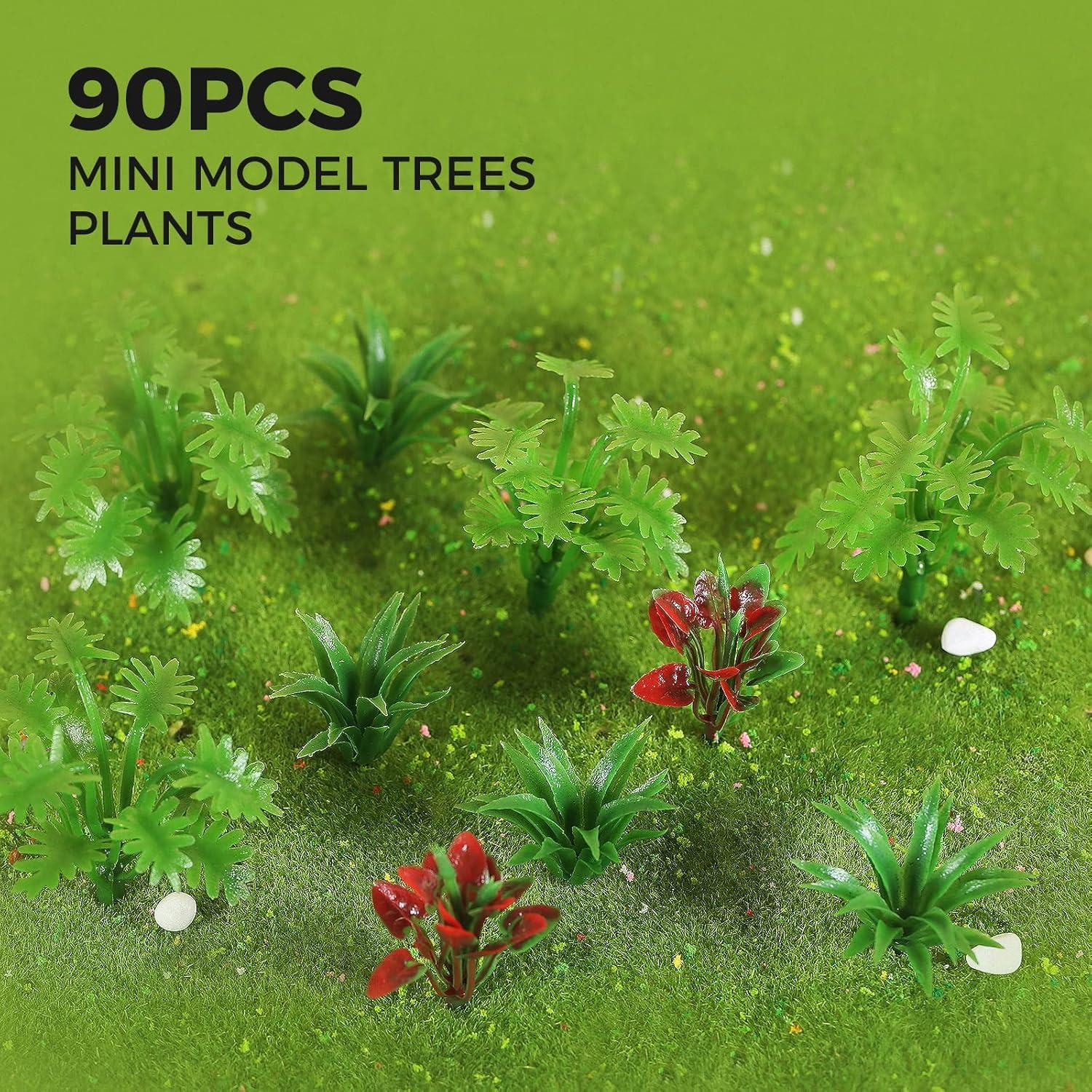 Yetaha 90 Pcs Mini Model Trees Plants, Miniature Plants Green Shrubs Bush Model Artificial Plants for Train Scenery Railway Sand Architecture Craft DIY Landscape Dollhouse Cake Topper Decor