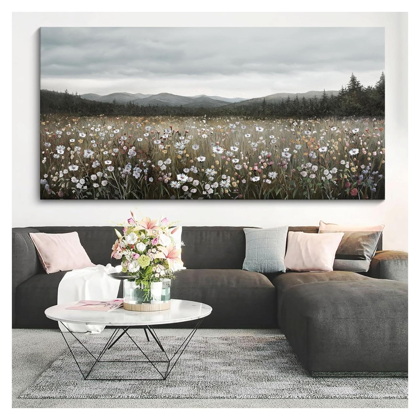HGUAOA Vintage Framed Floral Landscape Wall Art for Living Room - Large Nature Artwork Above Bed Wall Decor - Farmhouse Mountain Pictures for Bedroom Wall Decor 20×40IN