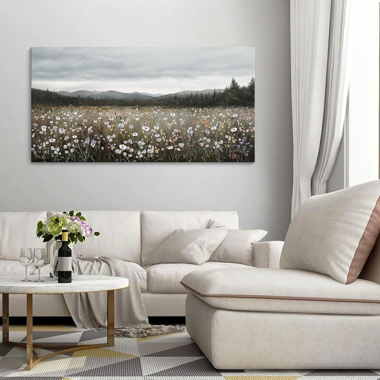 HGUAOA Vintage Framed Floral Landscape Wall Art for Living Room - Large Nature Artwork Above Bed Wall Decor - Farmhouse Mountain Pictures for Bedroom Wall Decor 20×40IN