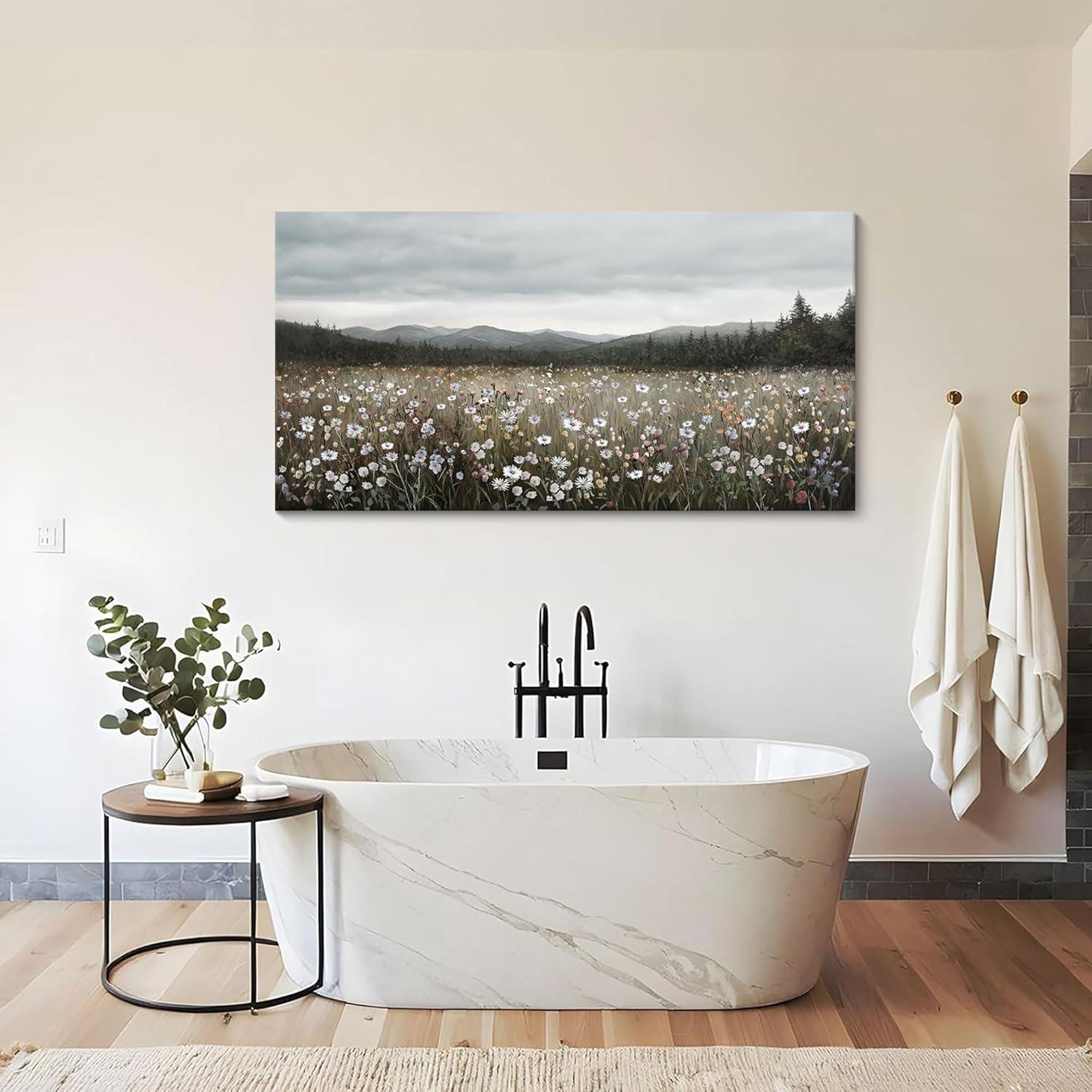 HGUAOA Vintage Framed Floral Landscape Wall Art for Living Room - Large Nature Artwork Above Bed Wall Decor - Farmhouse Mountain Pictures for Bedroom Wall Decor 20×40IN