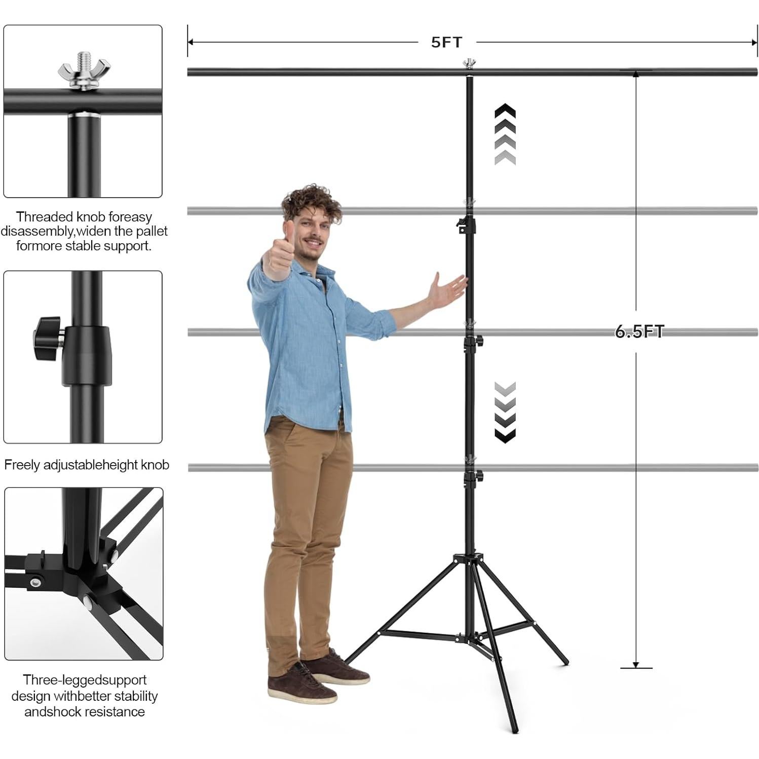 Kit de Fondo Negro BEIYANG 5x2m con Soporte Ajustable y Bolsa