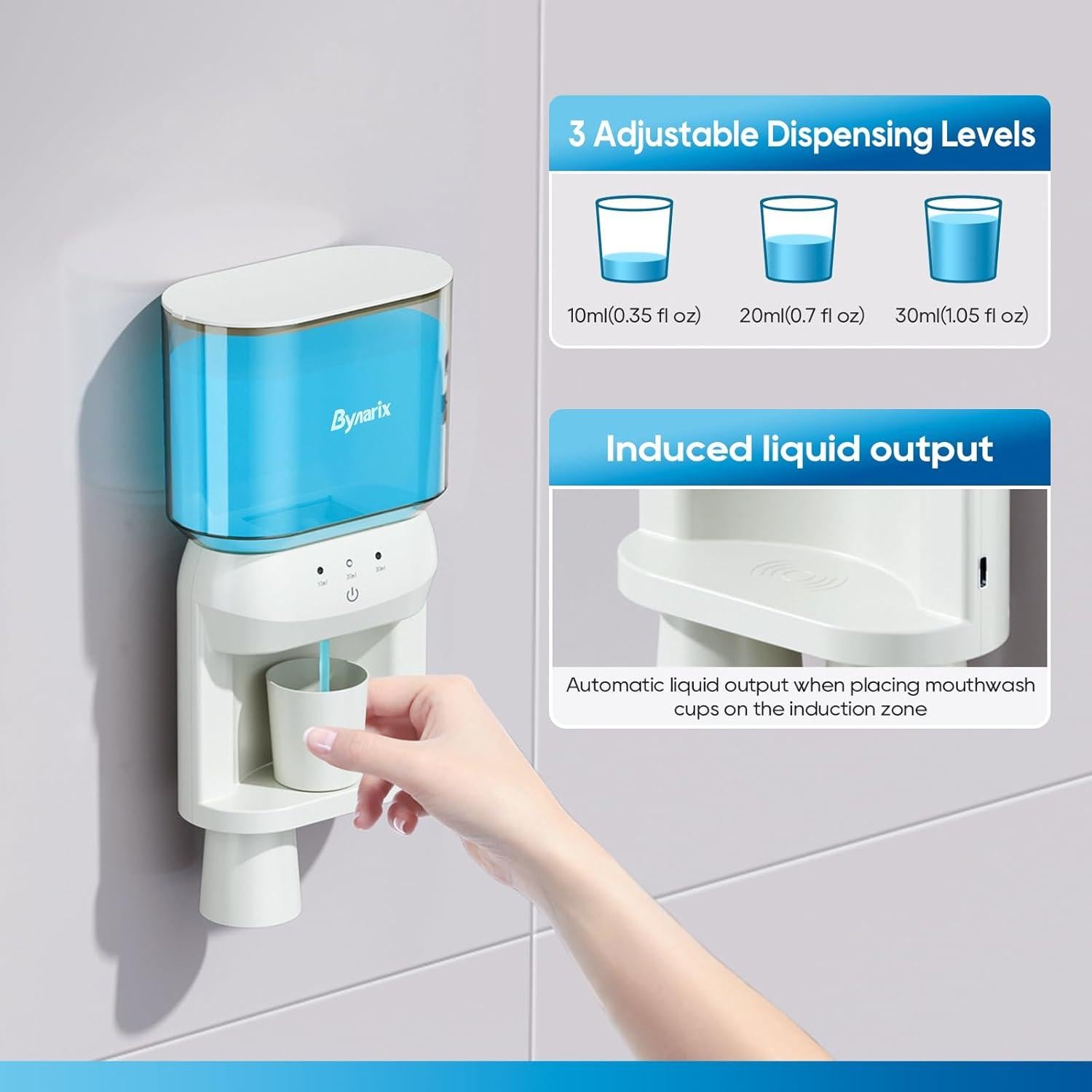 Automatic Mouthwash Dispenser for Bathroom, 20.2Oz Wall Mounted Mouth Wash Dispenser with Magnetic Cups, 3 Dispensing Level, Smart Mouthwash Dispenser for Adult, Bathroom Accessories White