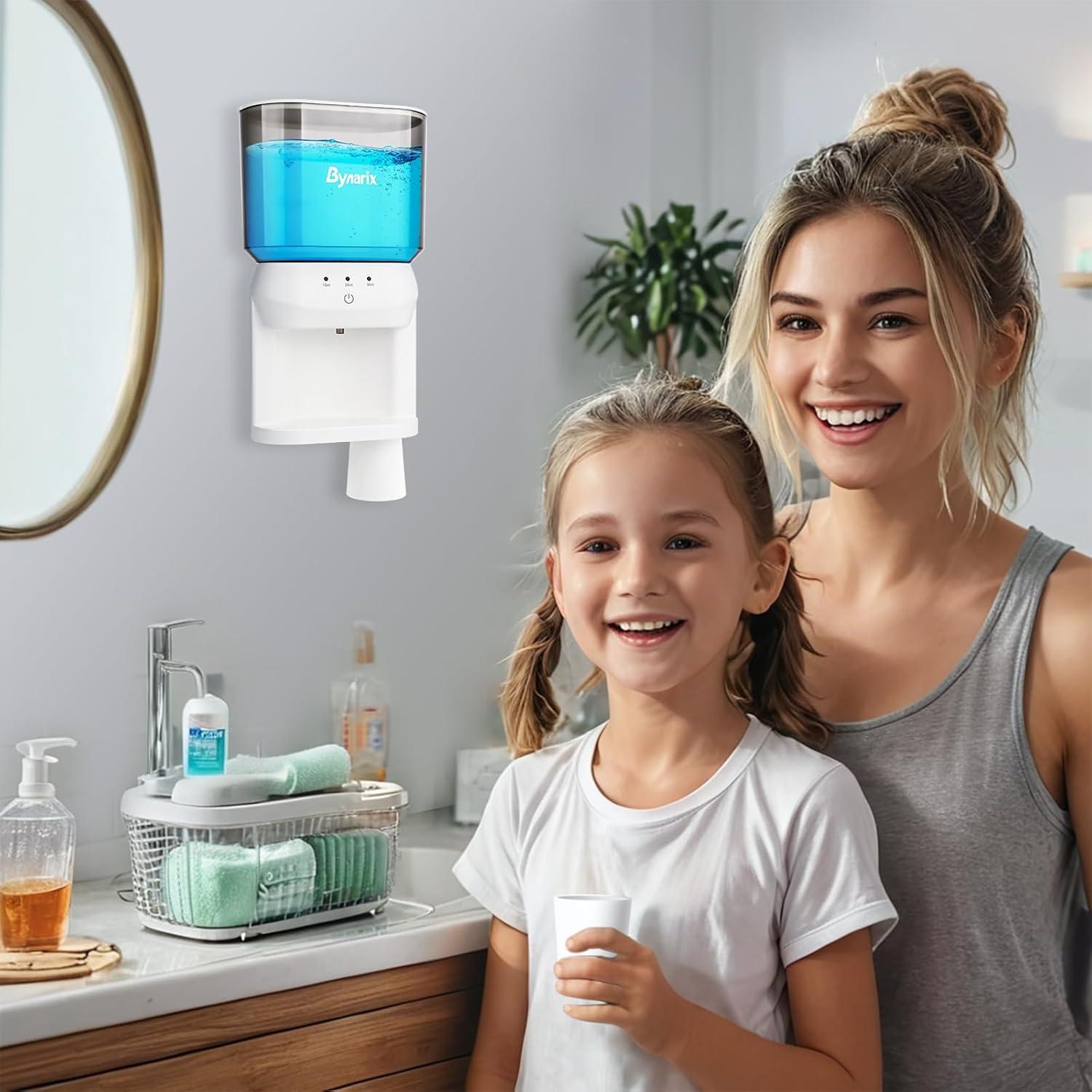 Automatic Mouthwash Dispenser for Bathroom, 20.2Oz Wall Mounted Mouth Wash Dispenser with Magnetic Cups, 3 Dispensing Level, Smart Mouthwash Dispenser for Adult, Bathroom Accessories White