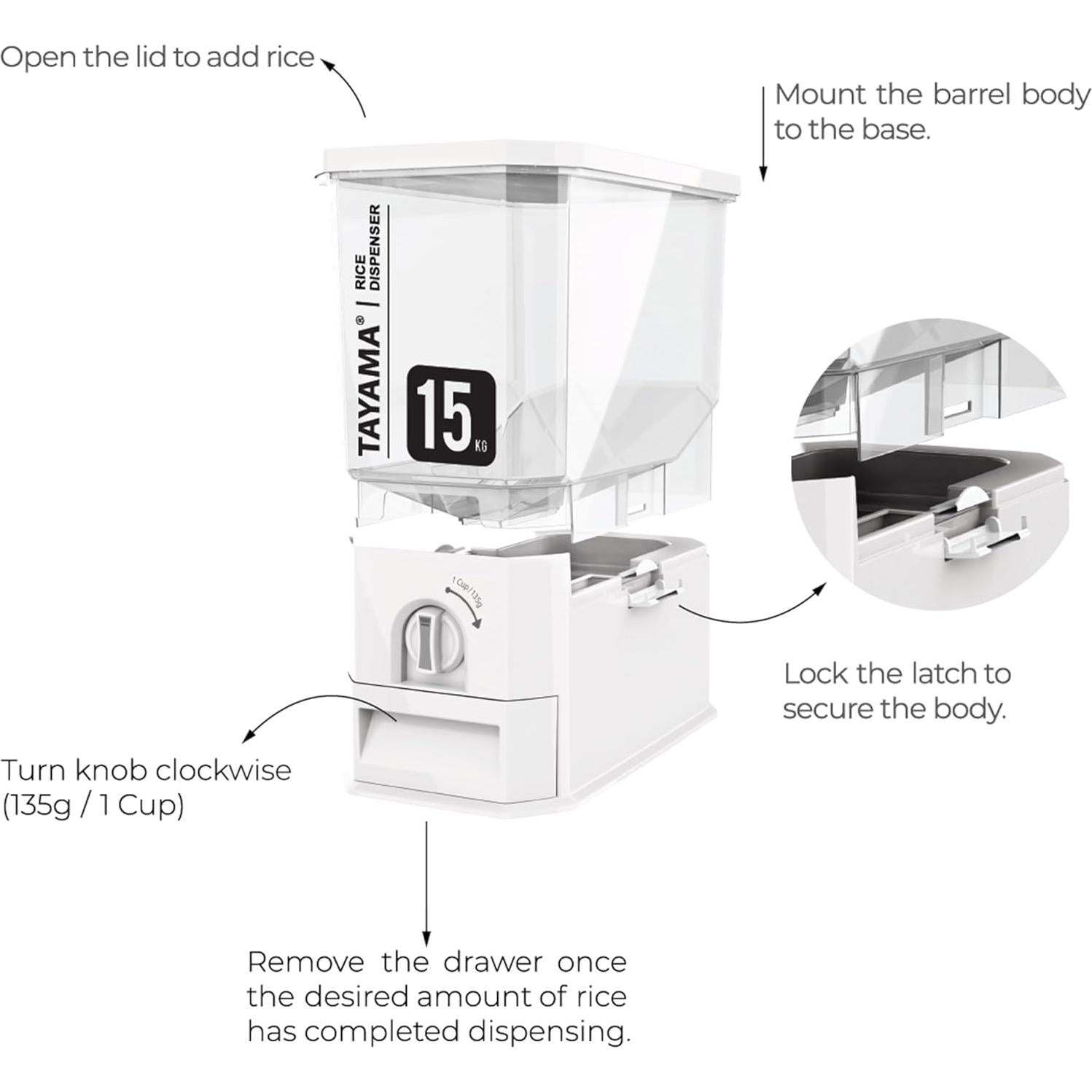 Dispensador de Arroz Tayama 15 kg Blanco - Contenedor Moderno