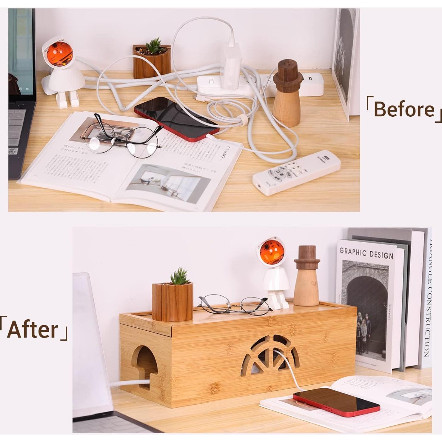 Caja de Gestión de Cables Extra Grande HTB - Bambú Natural 40x16x13cm