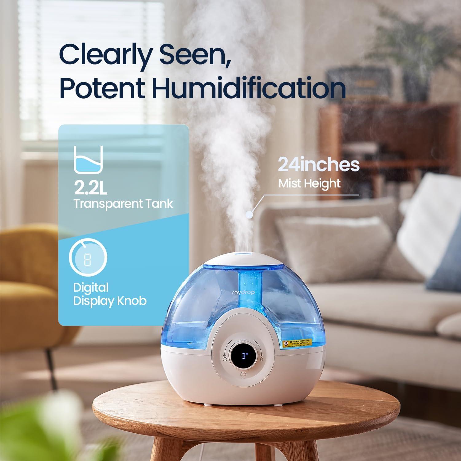 raydrop 2.2L Humidifiers for Bedroom, Cool Mist Humidifiers with Timer, Digital Knob, 26dB Quiet Small Humidifier for Baby, Nursery and Plants with Night Light, 30 Hours Runtime, Easy to Fill & Clean