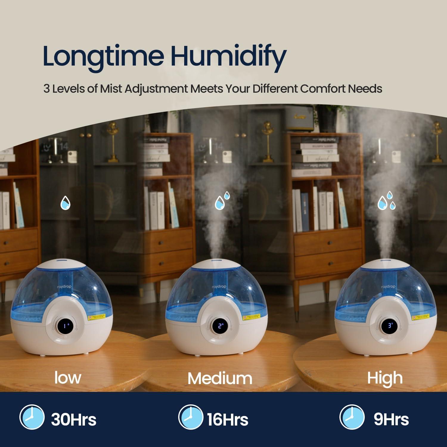 raydrop 2.2L Humidifiers for Bedroom, Cool Mist Humidifiers with Timer, Digital Knob, 26dB Quiet Small Humidifier for Baby, Nursery and Plants with Night Light, 30 Hours Runtime, Easy to Fill & Clean