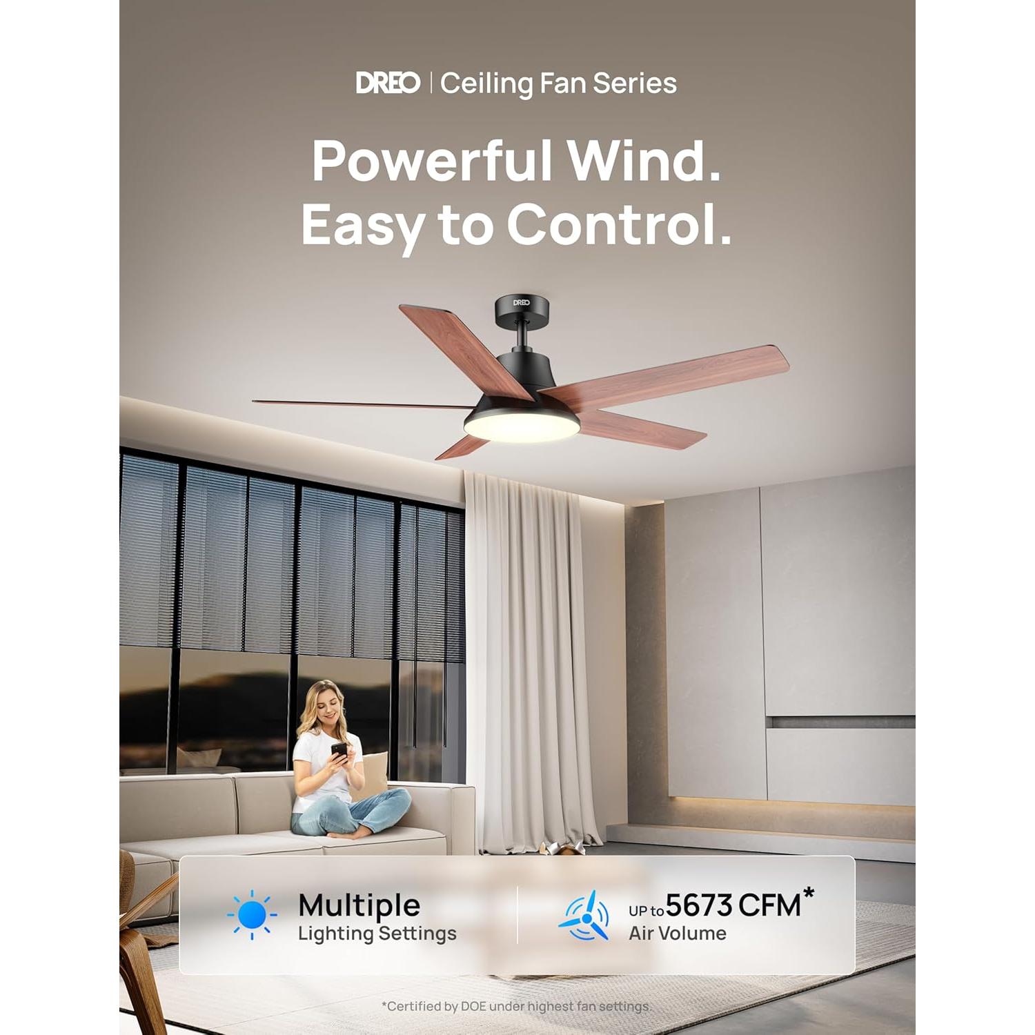 Ventilador de Techo Dreo CLF521 52" Negro con Luz LED y Control Remoto