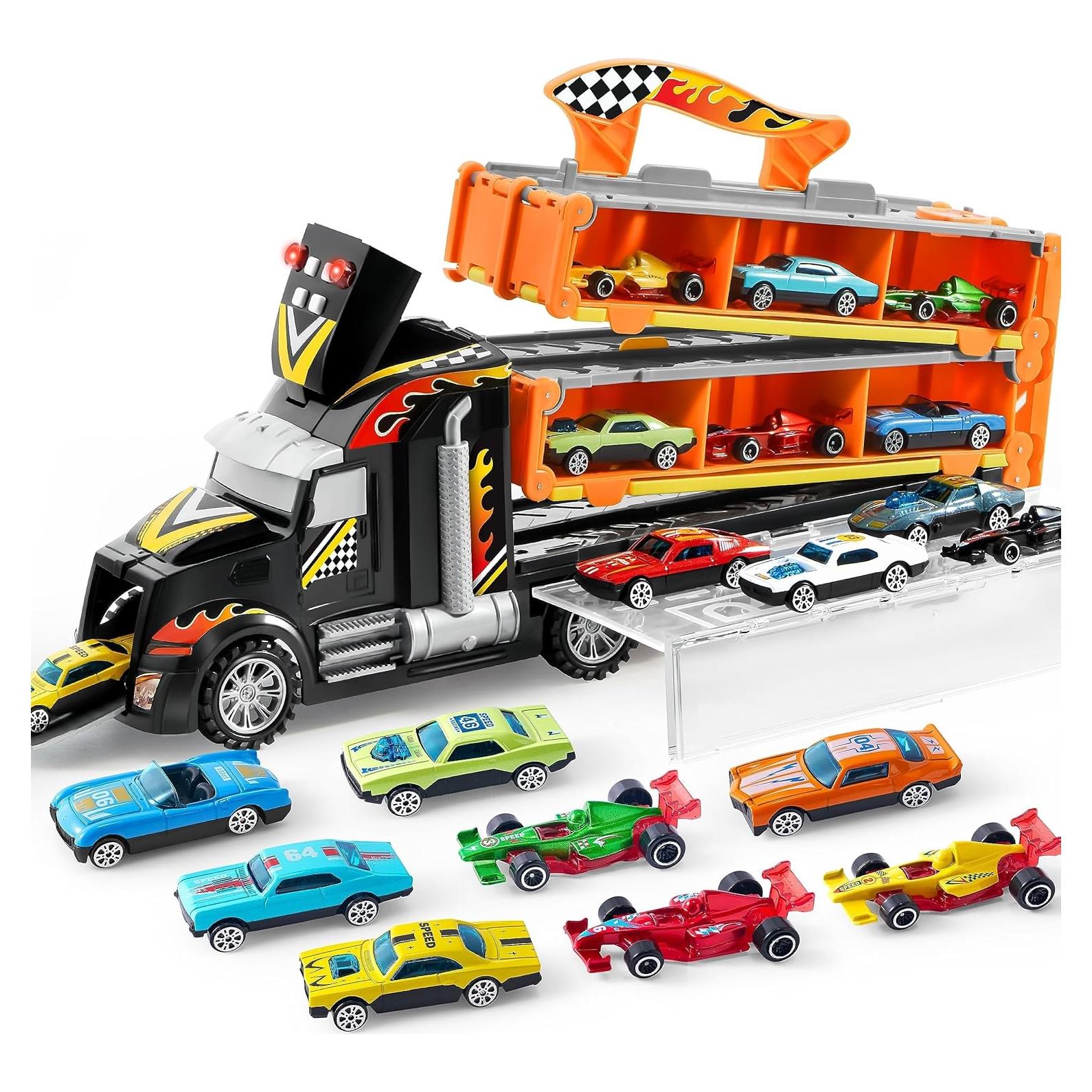 JOYIN Toy Truck for Kids, 5-FT Race Track and 12 Die-Cast Metal Toy Cars, Racing Car with Lights & Sounds, Toddler Carrier Truck Playset Gift for 2 3 4 5 Years Old Boys and Girls-Black