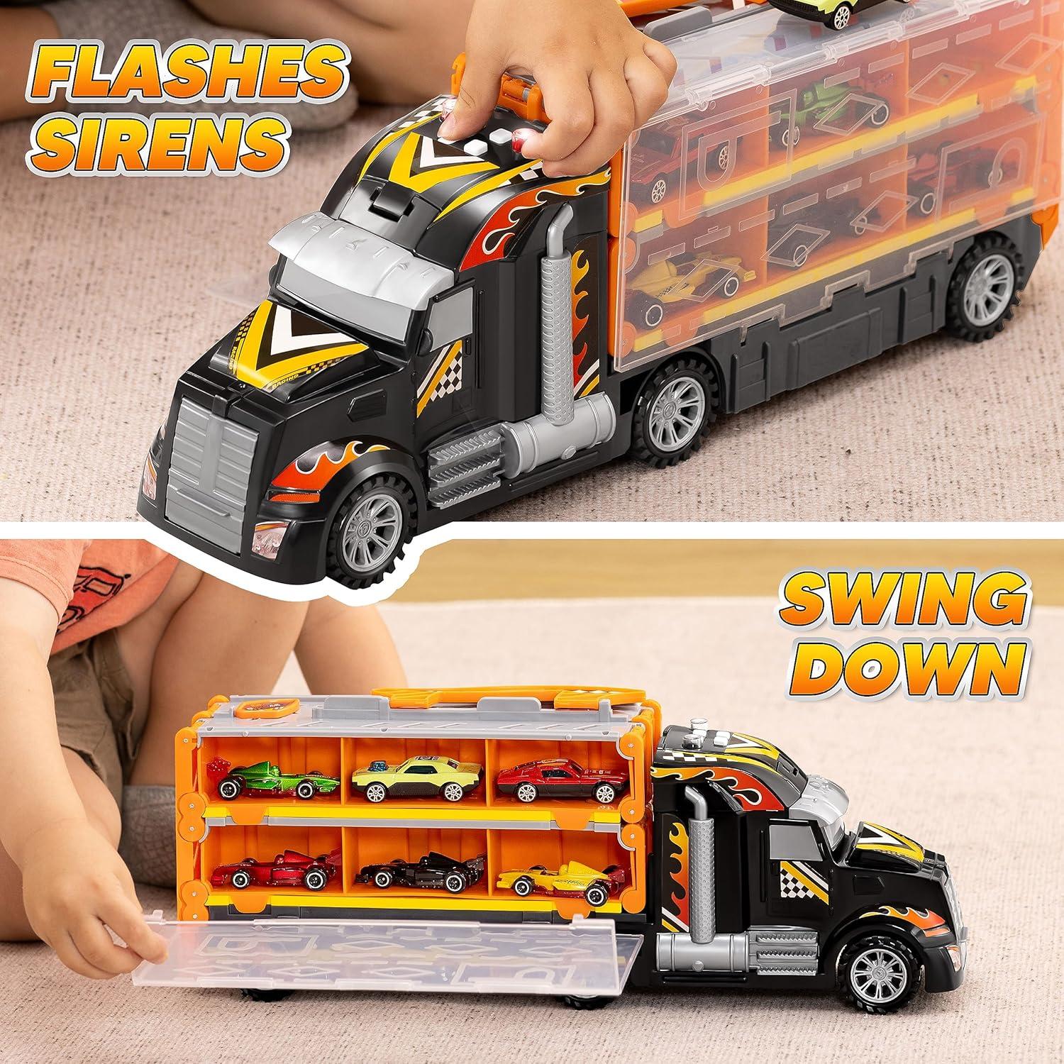 JOYIN Toy Truck for Kids, 5-FT Race Track and 12 Die-Cast Metal Toy Cars, Racing Car with Lights & Sounds, Toddler Carrier Truck Playset Gift for 2 3 4 5 Years Old Boys and Girls-Black