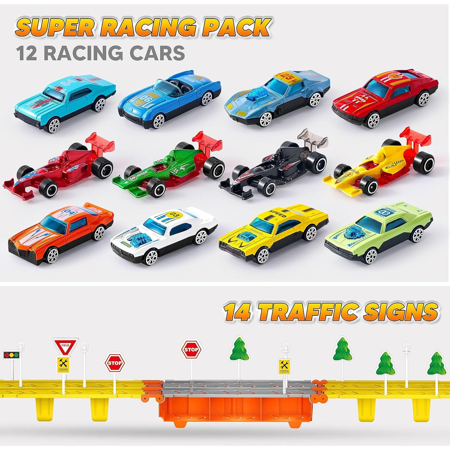 JOYIN Toy Truck for Kids, 5-FT Race Track and 12 Die-Cast Metal Toy Cars, Racing Car with Lights & Sounds, Toddler Carrier Truck Playset Gift for 2 3 4 5 Years Old Boys and Girls-Black