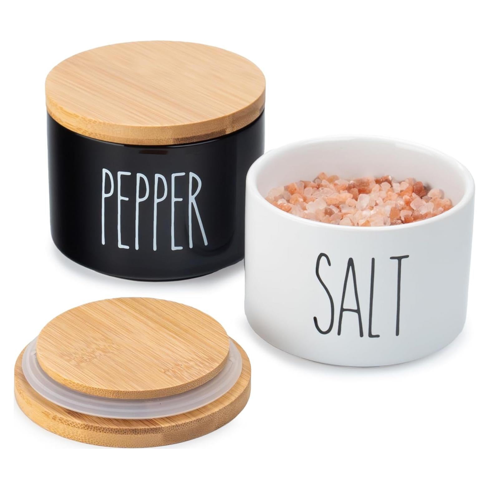 Heartland Home Ceramic Salt and Pepper Bowls. Dual Holder Salt Cellar with Lid. Black and White Stackable Salt Container Set. Pepper Bowl, 2 Airtight Wooden Lids. 9oz Salt Box Pinch Dish
