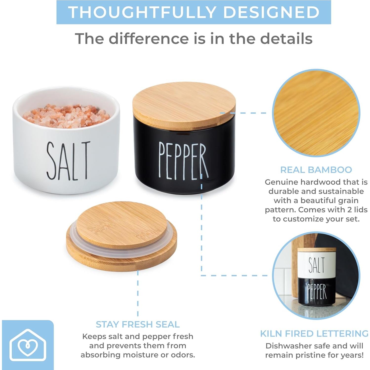 Heartland Home Ceramic Salt and Pepper Bowls. Dual Holder Salt Cellar with Lid. Black and White Stackable Salt Container Set. Pepper Bowl, 2 Airtight Wooden Lids. 9oz Salt Box Pinch Dish