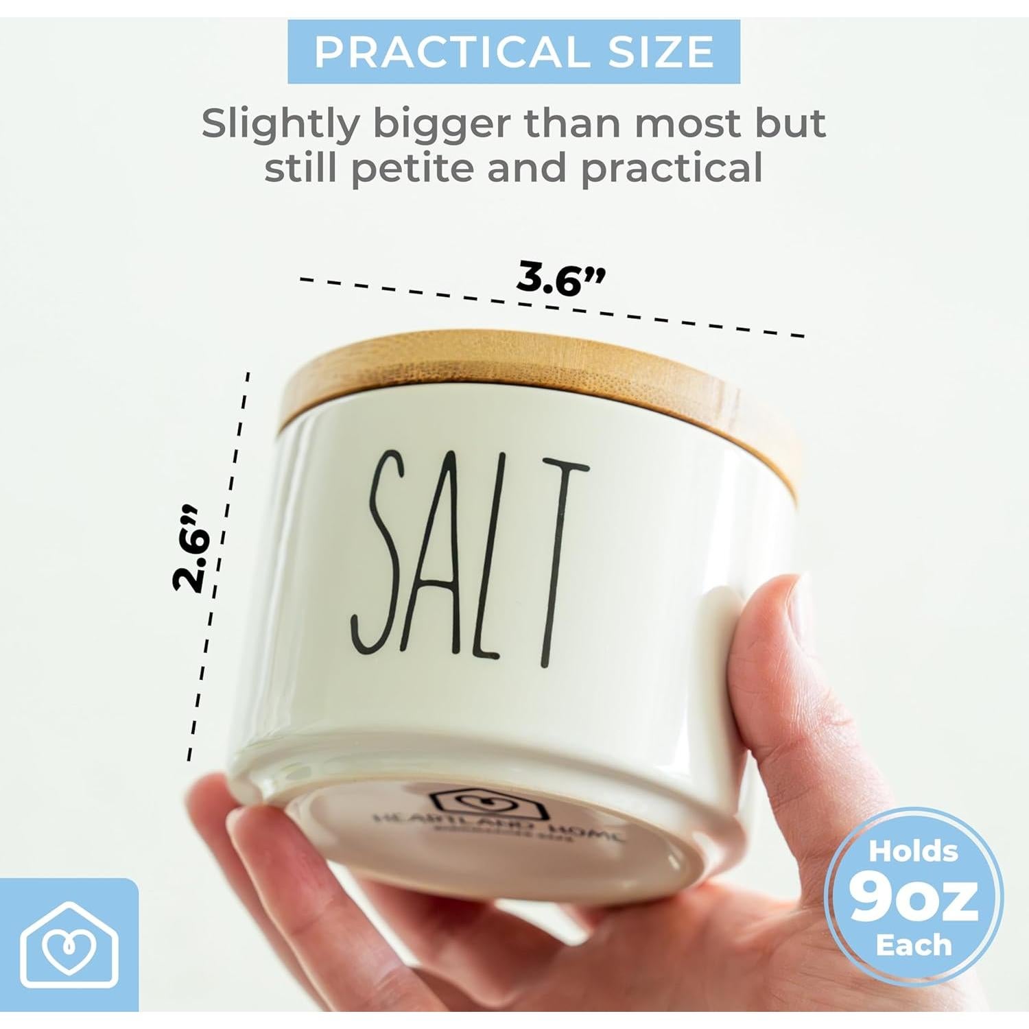 Heartland Home Ceramic Salt and Pepper Bowls. Dual Holder Salt Cellar with Lid. Black and White Stackable Salt Container Set. Pepper Bowl, 2 Airtight Wooden Lids. 9oz Salt Box Pinch Dish