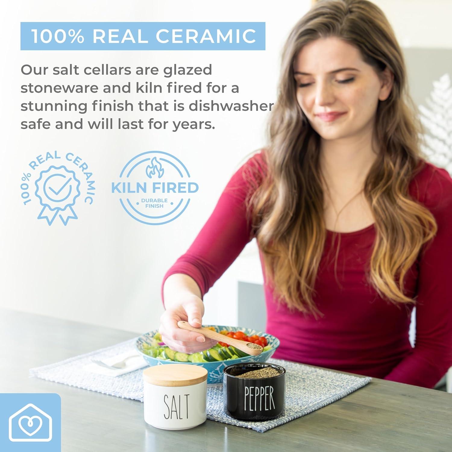 Heartland Home Ceramic Salt and Pepper Bowls. Dual Holder Salt Cellar with Lid. Black and White Stackable Salt Container Set. Pepper Bowl, 2 Airtight Wooden Lids. 9oz Salt Box Pinch Dish