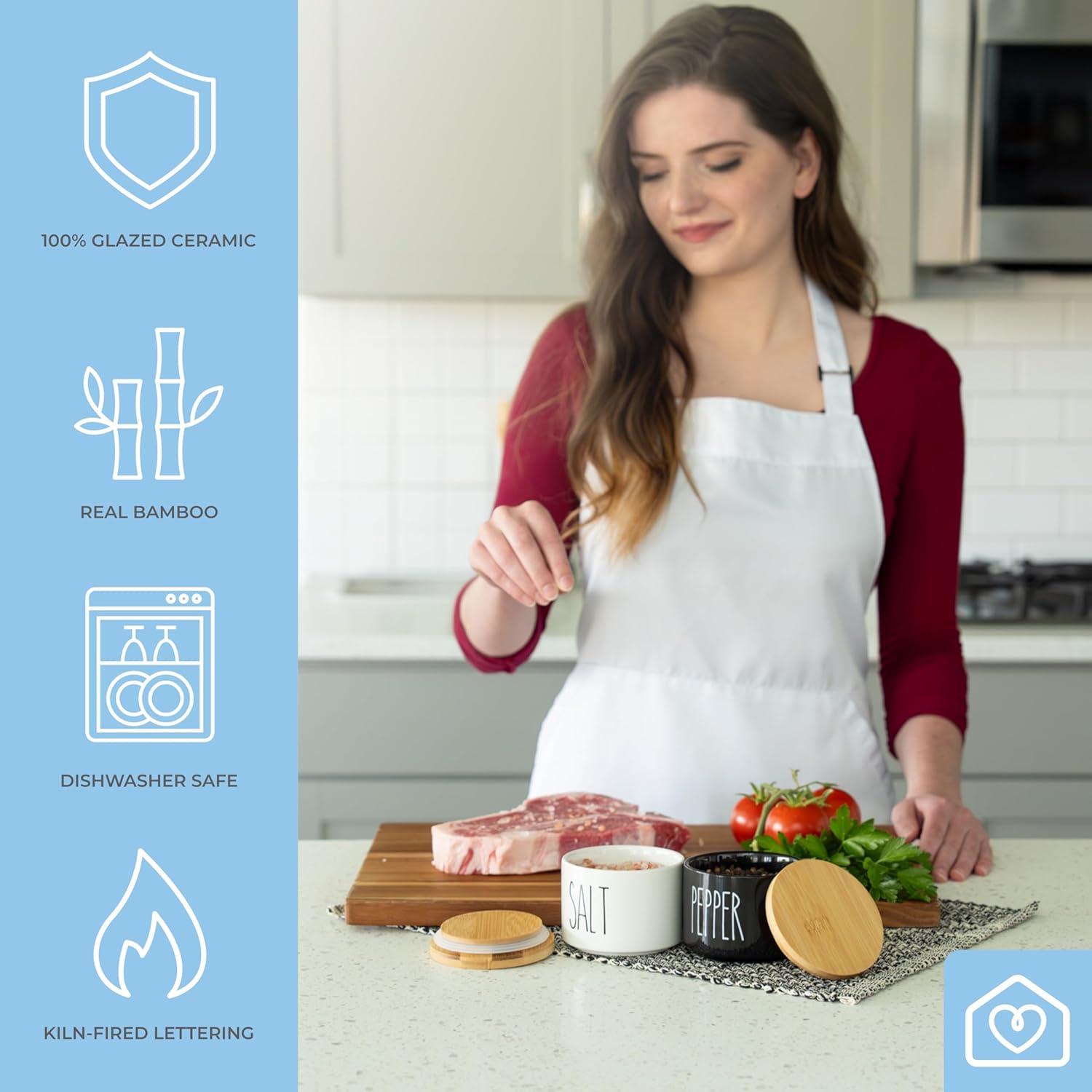 Heartland Home Ceramic Salt and Pepper Bowls. Dual Holder Salt Cellar with Lid. Black and White Stackable Salt Container Set. Pepper Bowl, 2 Airtight Wooden Lids. 9oz Salt Box Pinch Dish