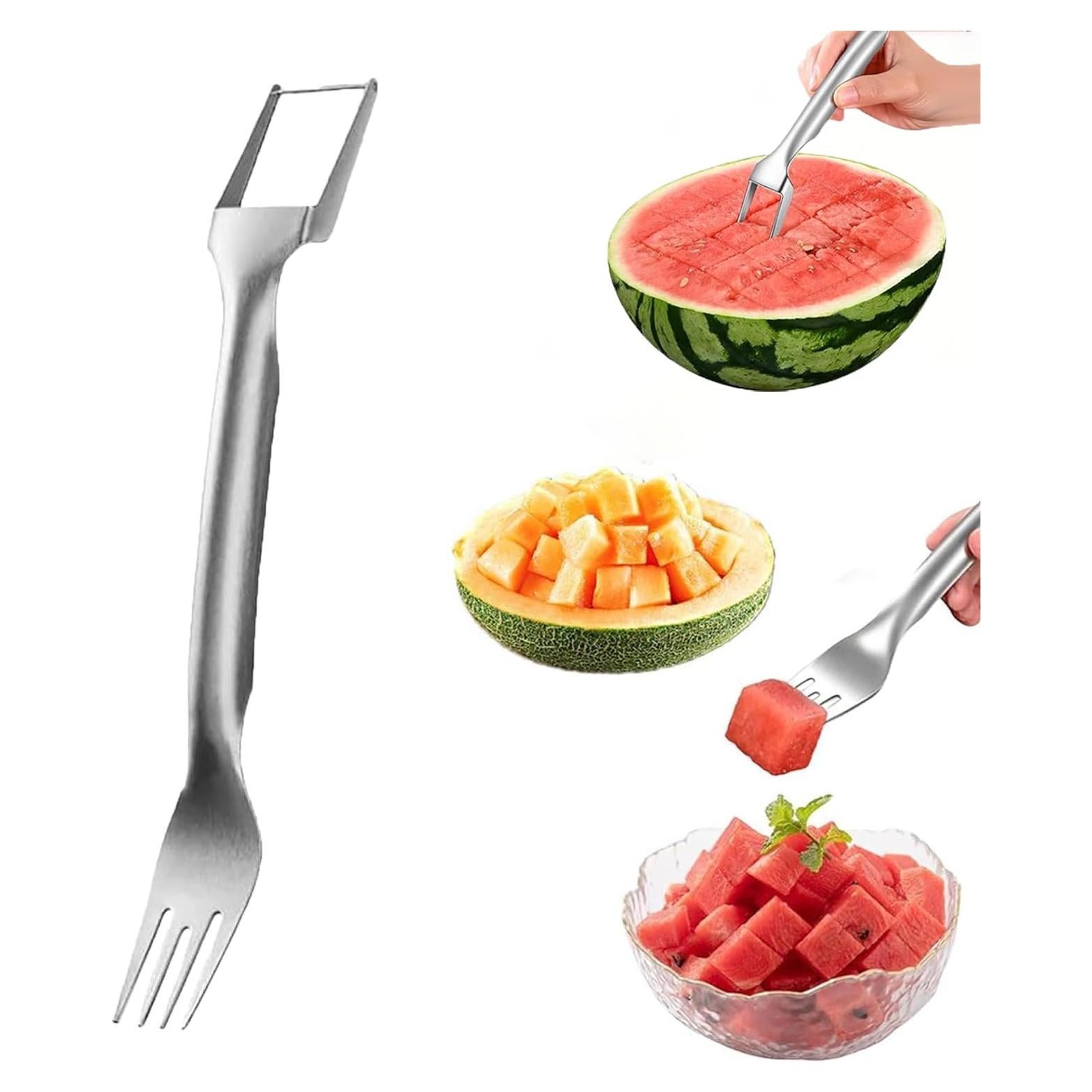 2-in-1 Stainless Steel Fruit Cutter, 2024 New Upgrade Dual Head Watermelon Fork Slicer Cutter Tool, Summer Watermelon Fruit Cutting Home Kitchen Gadgets (1Pcs)