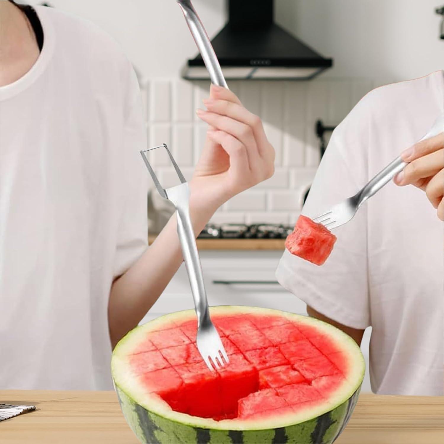 2-in-1 Stainless Steel Fruit Cutter, 2024 New Upgrade Dual Head Watermelon Fork Slicer Cutter Tool, Summer Watermelon Fruit Cutting Home Kitchen Gadgets (1Pcs)