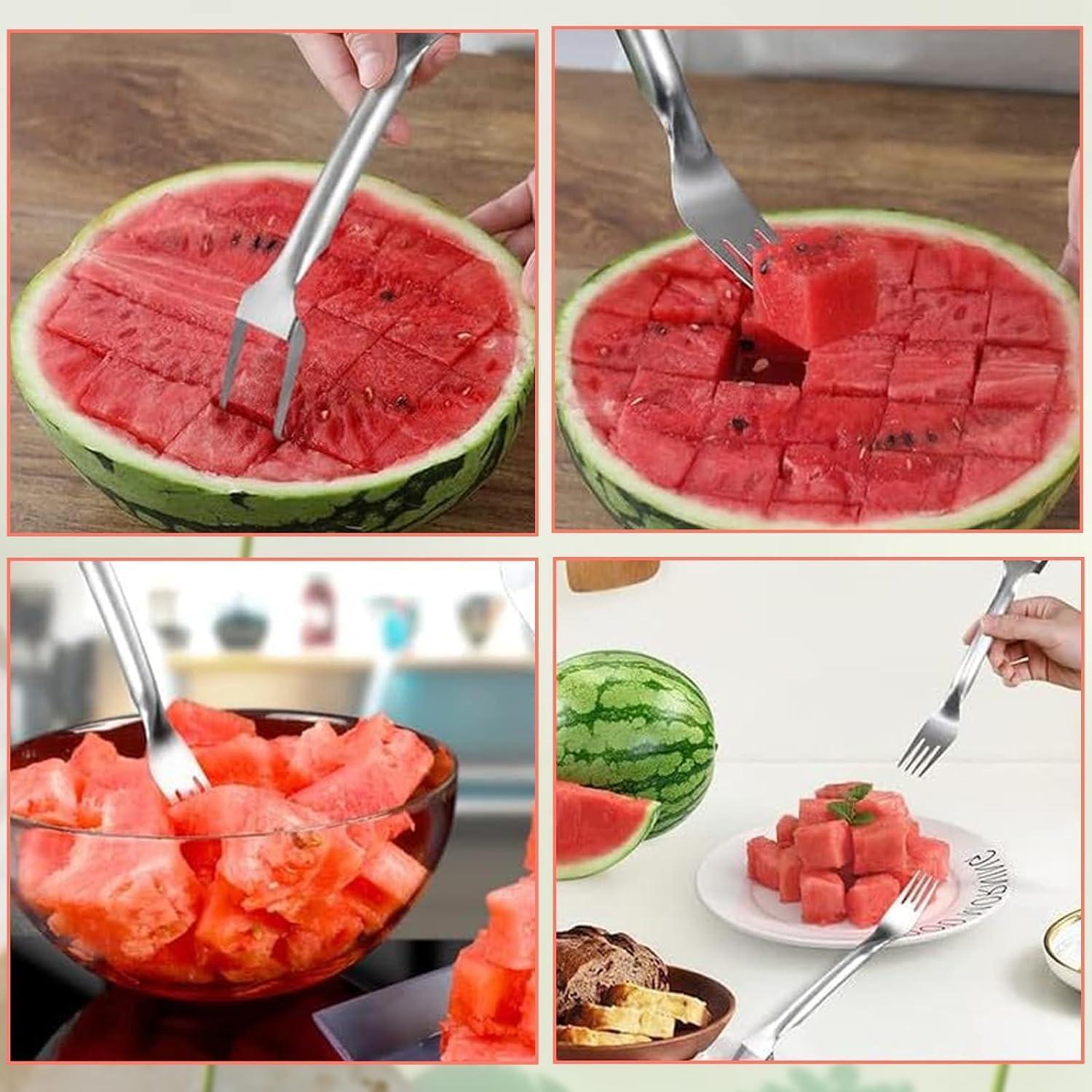 2-in-1 Stainless Steel Fruit Cutter, 2024 New Upgrade Dual Head Watermelon Fork Slicer Cutter Tool, Summer Watermelon Fruit Cutting Home Kitchen Gadgets (1Pcs)