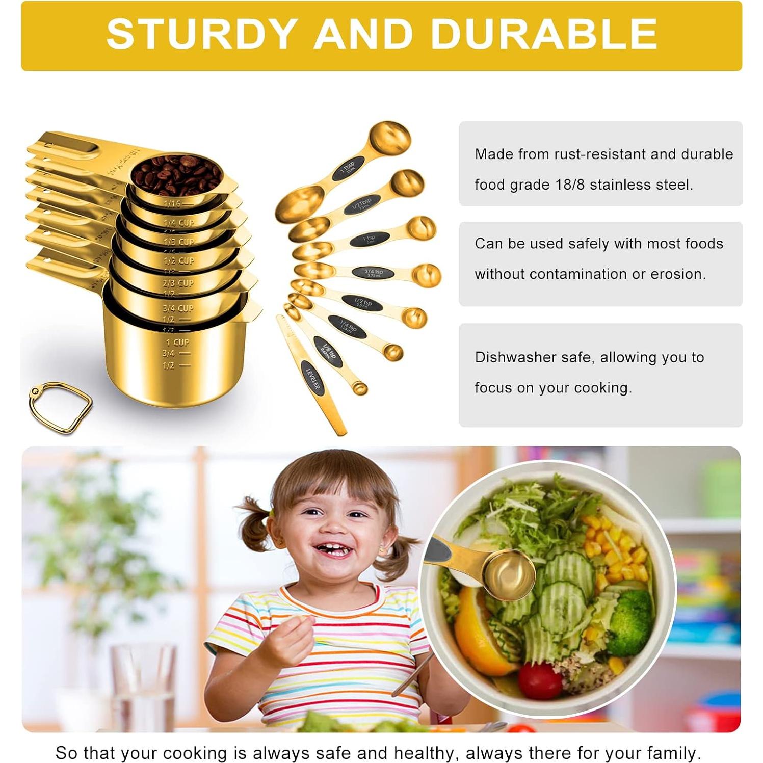 Juego de Tazas y Cucharas Medidoras Doradas LIFETOWE 15 Piezas