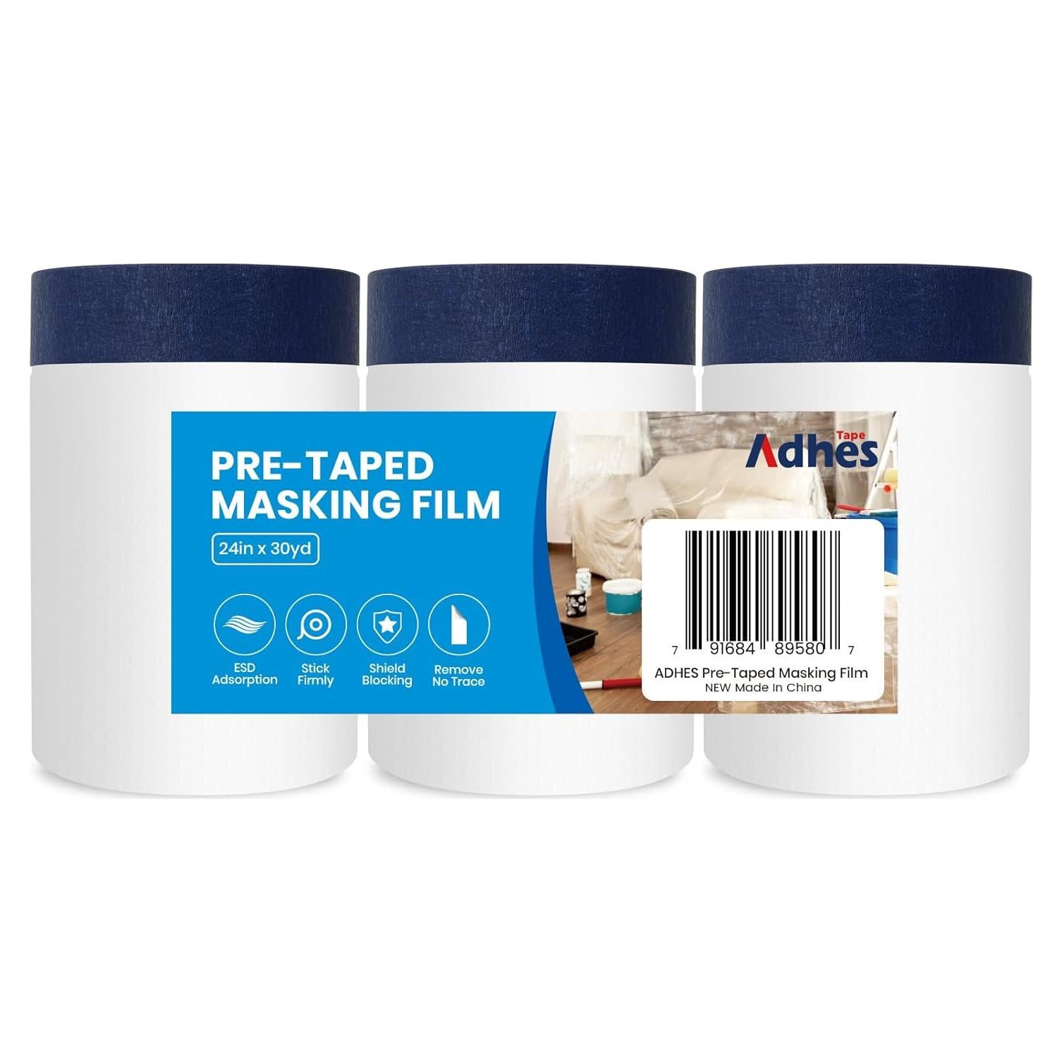 ADHES Painters Plastic with Tape, 24 inch x 90 feet x 3 Rolls Painters Tape with Plastic Attached, Pre Taped Masking Film Tape and Drape for Automotive Painting Covering