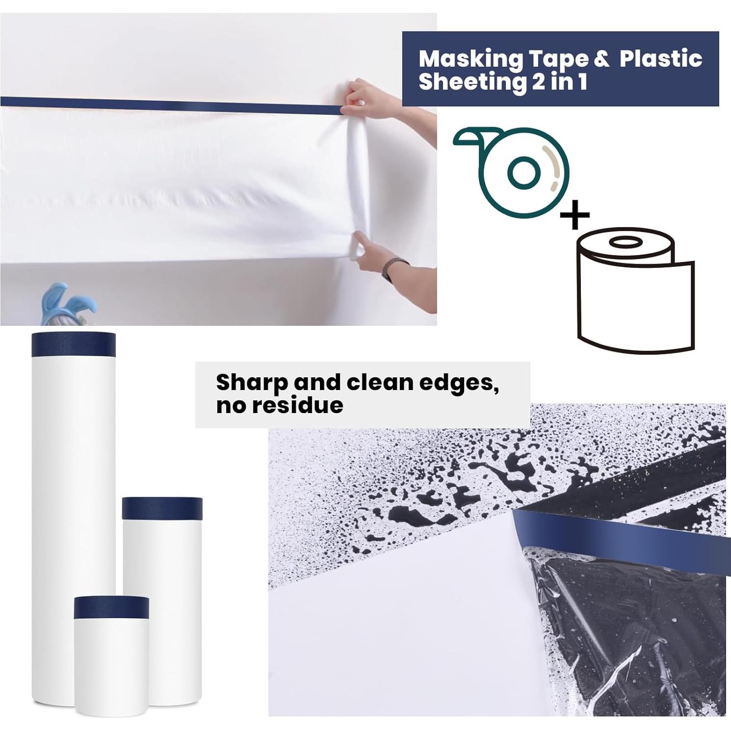 ADHES Painters Plastic with Tape, 24 inch x 90 feet x 3 Rolls Painters Tape with Plastic Attached, Pre Taped Masking Film Tape and Drape for Automotive Painting Covering