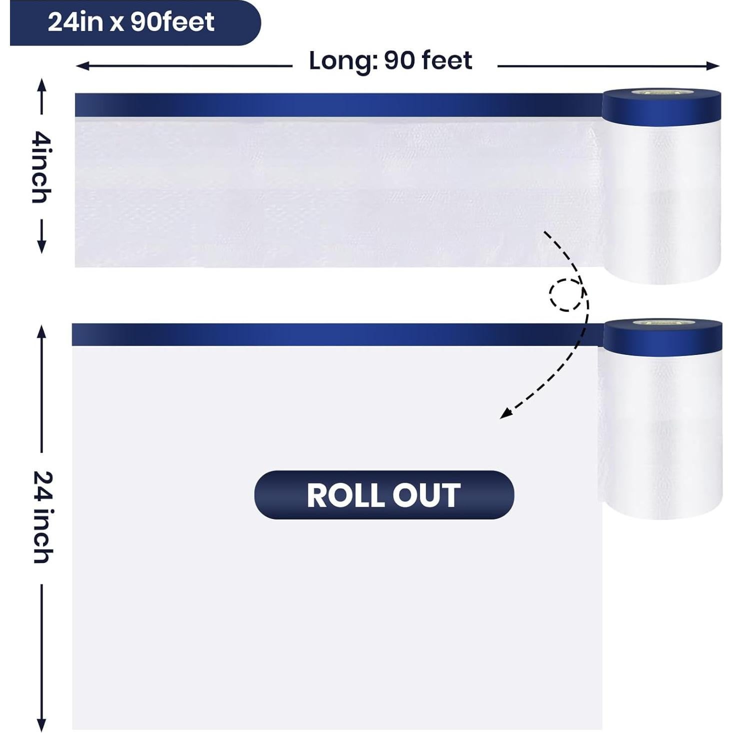 ADHES Painters Plastic with Tape, 24 inch x 90 feet x 3 Rolls Painters Tape with Plastic Attached, Pre Taped Masking Film Tape and Drape for Automotive Painting Covering