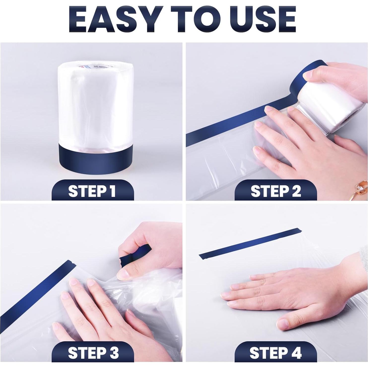 ADHES Painters Plastic with Tape, 24 inch x 90 feet x 3 Rolls Painters Tape with Plastic Attached, Pre Taped Masking Film Tape and Drape for Automotive Painting Covering