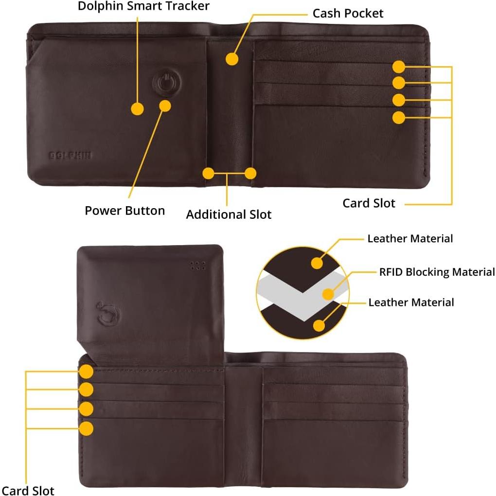 Cartera de Hombre tag8 DOLPHIN Bifolding Slim Cuero Marrón con Rastreador GPS y Bloqueo RFID