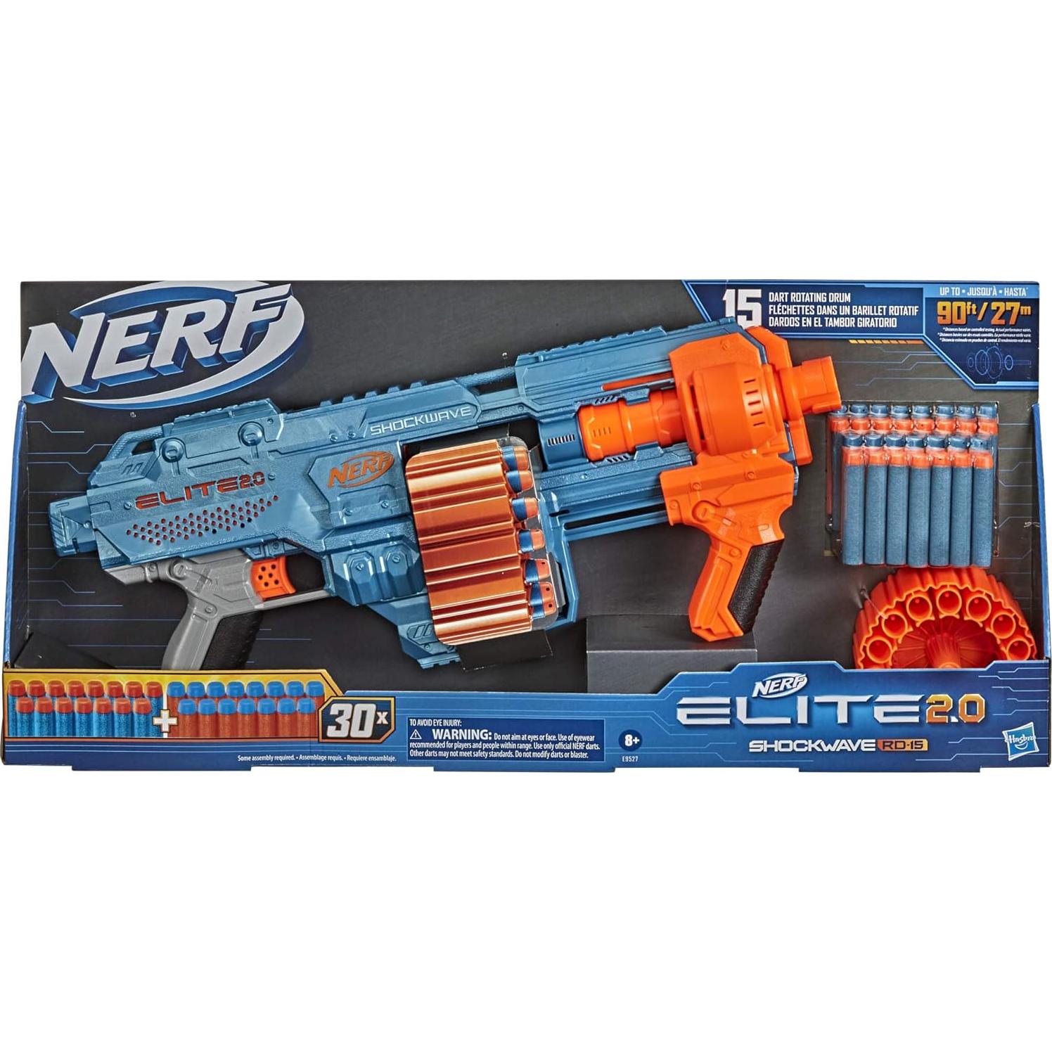Nerf Elite 2.0 Shockwave RD-15 Dart Blaster, 30 Nerf Elite Darts, 15-Dart Rotating Drum, Kids Outdoor Toys for 8 Year Old Boys & Girls and Up (Amazon Exclusive)