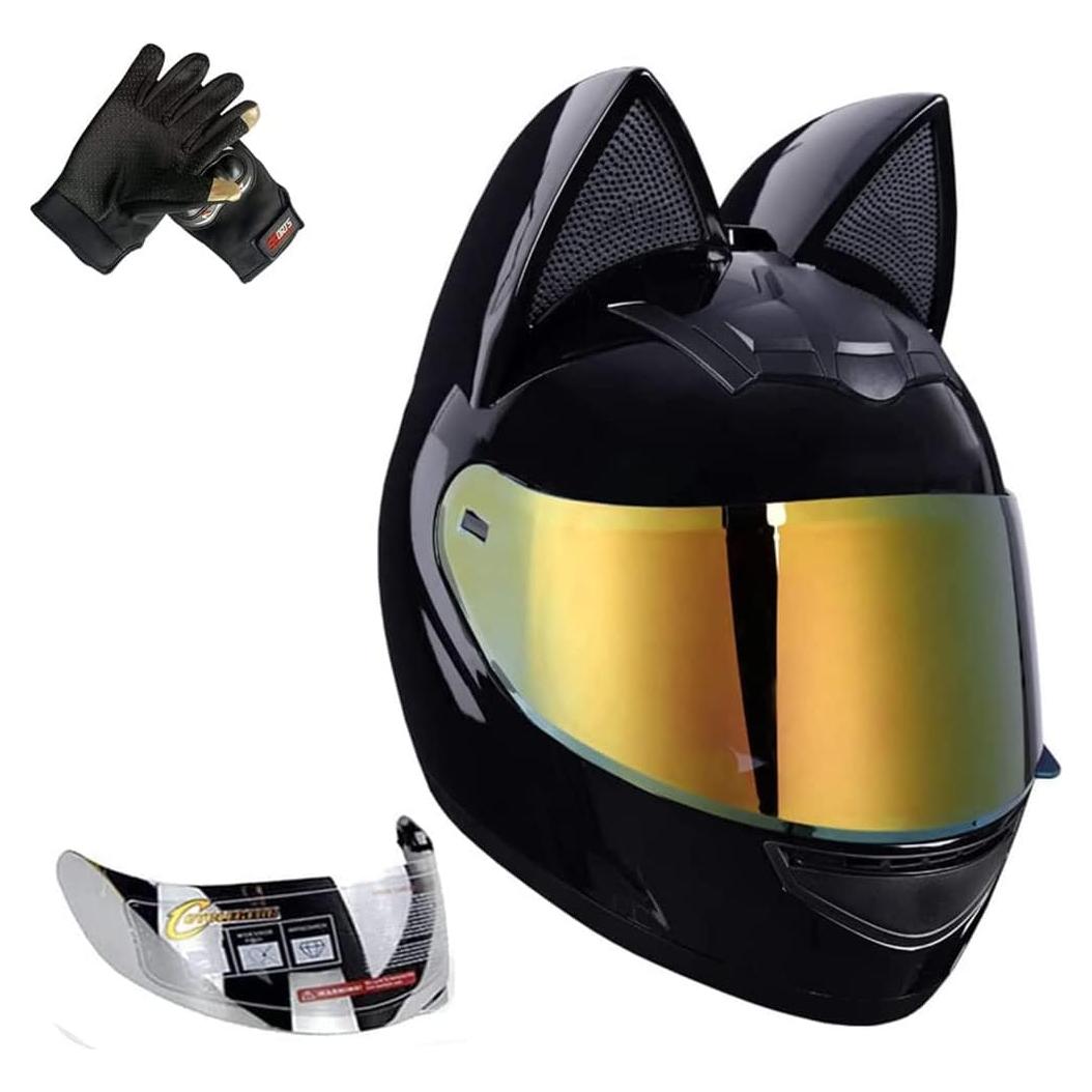 Casco de Motocicleta Kuaifly Orejas de Gato M/L/XL Negro Brillante