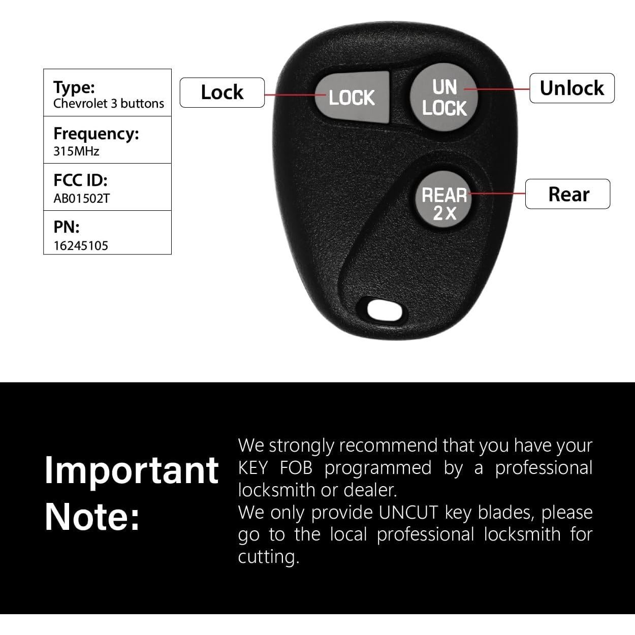 Control Remoto Llave Chevrolet GMC AB01502T 3 Botones