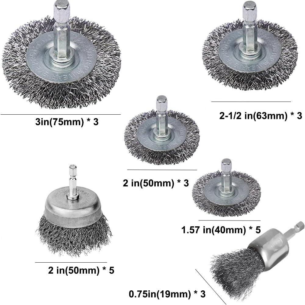 Cup Brush Set - Wire Brush for Drill, 1/4 Inch Hex Shank, Coarse Carbon Steel Crimped Wire Wheel for Rust Cleaning