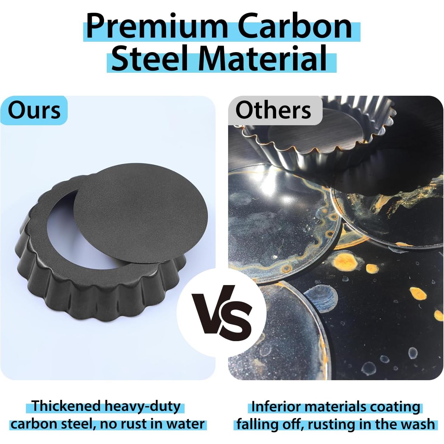 Mini Tart Pans with Removable Bottom 4 inch Set of 10, Non-stick Round Quiche Pan Heavy Duty Carbon Steel for Mousse Cakes, Christmas Dessert Baking with Silicone Scrubber