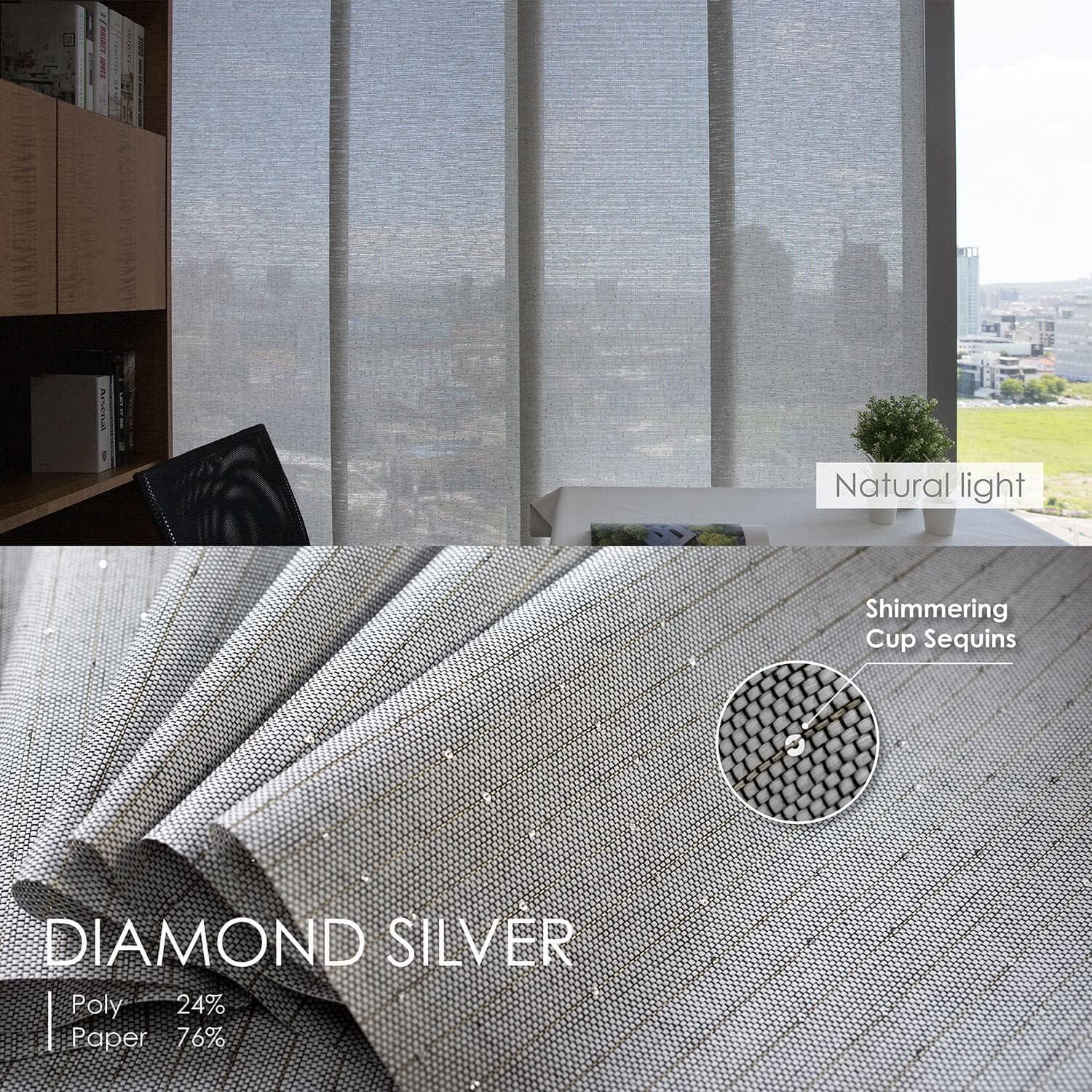 GoDear Design Adjustable Vertical Blinds for Sliding Doors, Extendable Track from 45.8" to 86" W, Trimmable Panel Curtains Up to 96", Semi-Sheer Panels with Shimmering Sequins, Diamond Silver