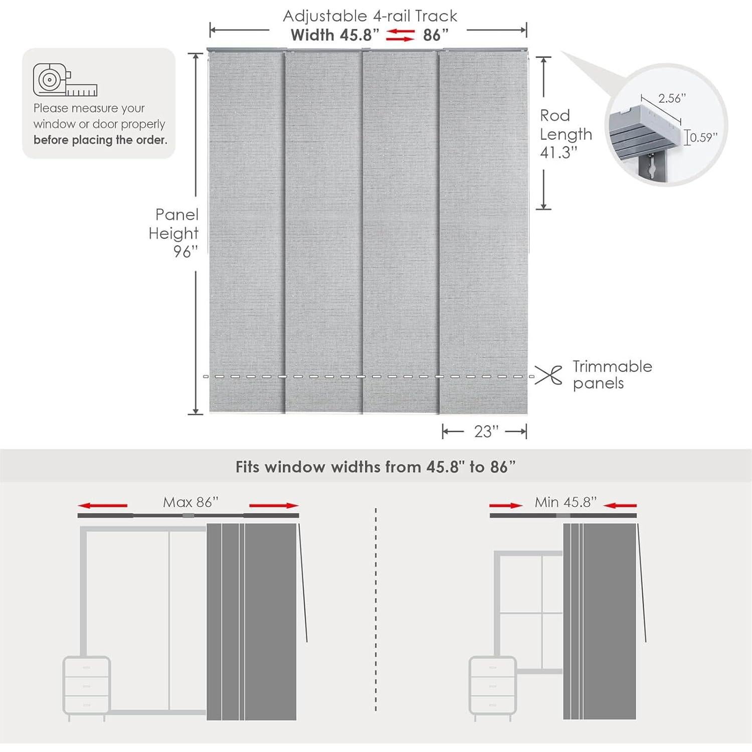 GoDear Design Adjustable Vertical Blinds for Sliding Doors, Extendable Track from 45.8" to 86" W, Trimmable Panel Curtains Up to 96", Semi-Sheer Panels with Shimmering Sequins, Diamond Silver
