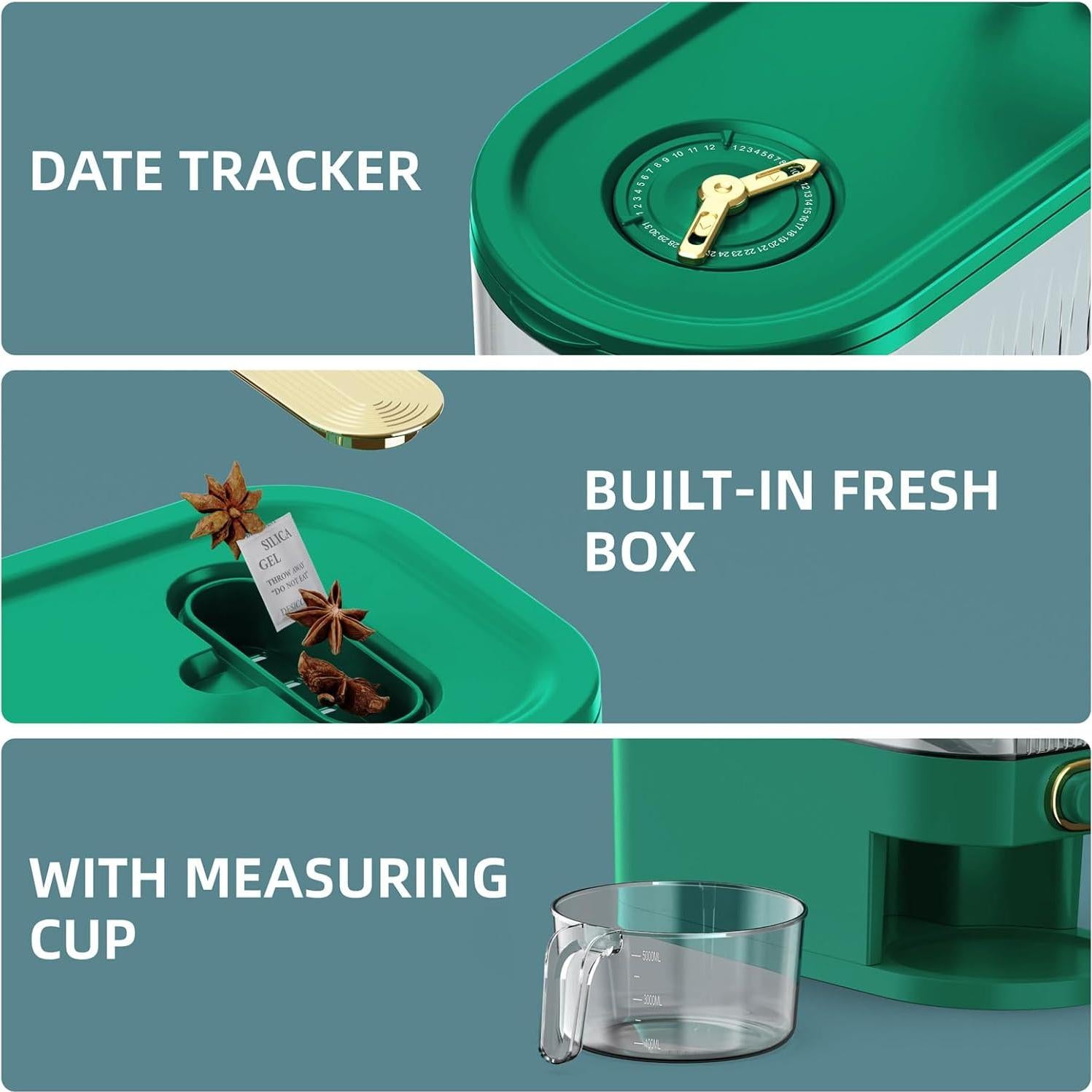 Rice Dispenser, 11Lbs-12Lbs Rice Container with Measuring Cup, Upgraded Lid Time Dials & Built-in Fresh Box Rice Container Storage for Home Kitchen Pantry Stores Rice - Green Capacity 11Lbs-12Lbs