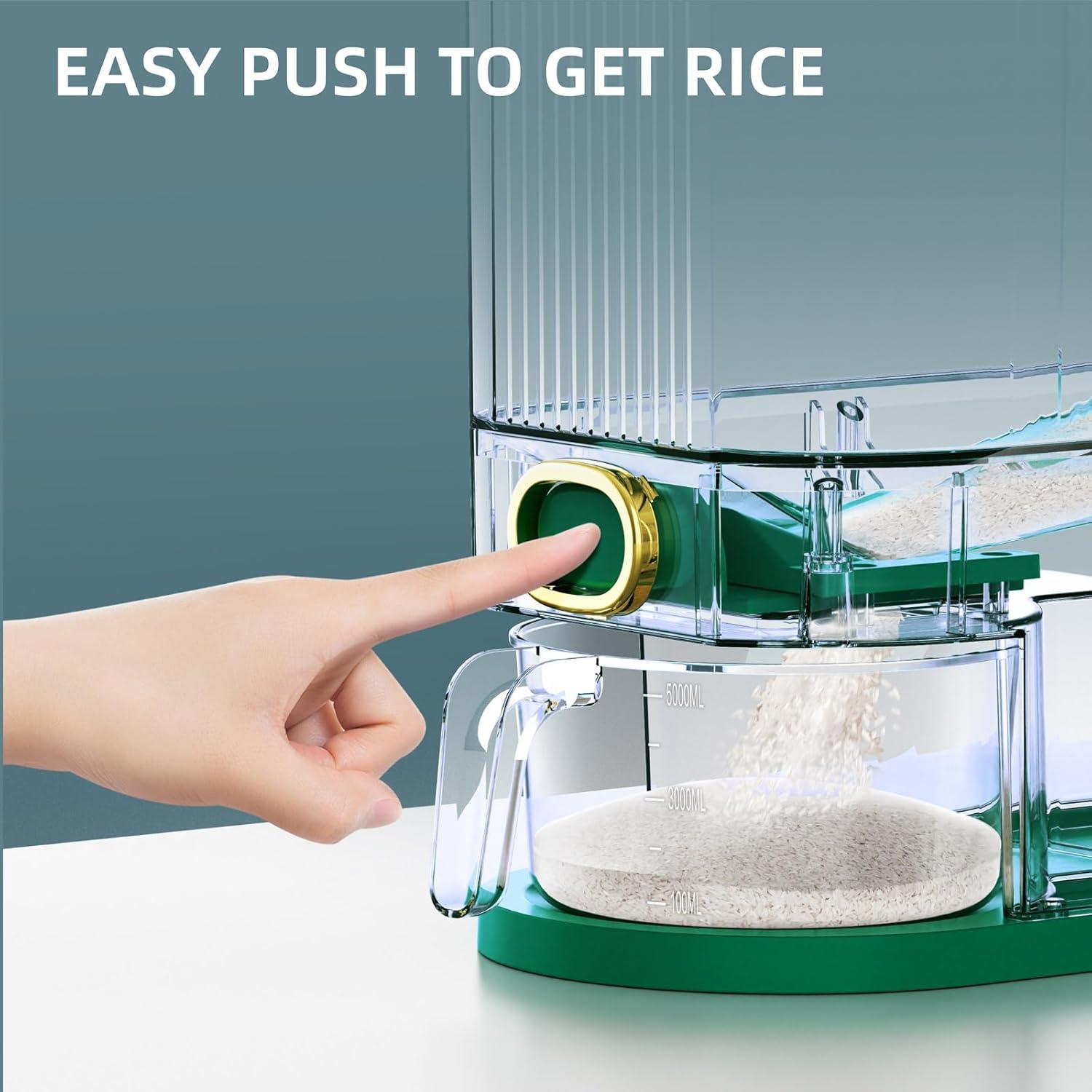 Rice Dispenser, 11Lbs-12Lbs Rice Container with Measuring Cup, Upgraded Lid Time Dials & Built-in Fresh Box Rice Container Storage for Home Kitchen Pantry Stores Rice - Green Capacity 11Lbs-12Lbs