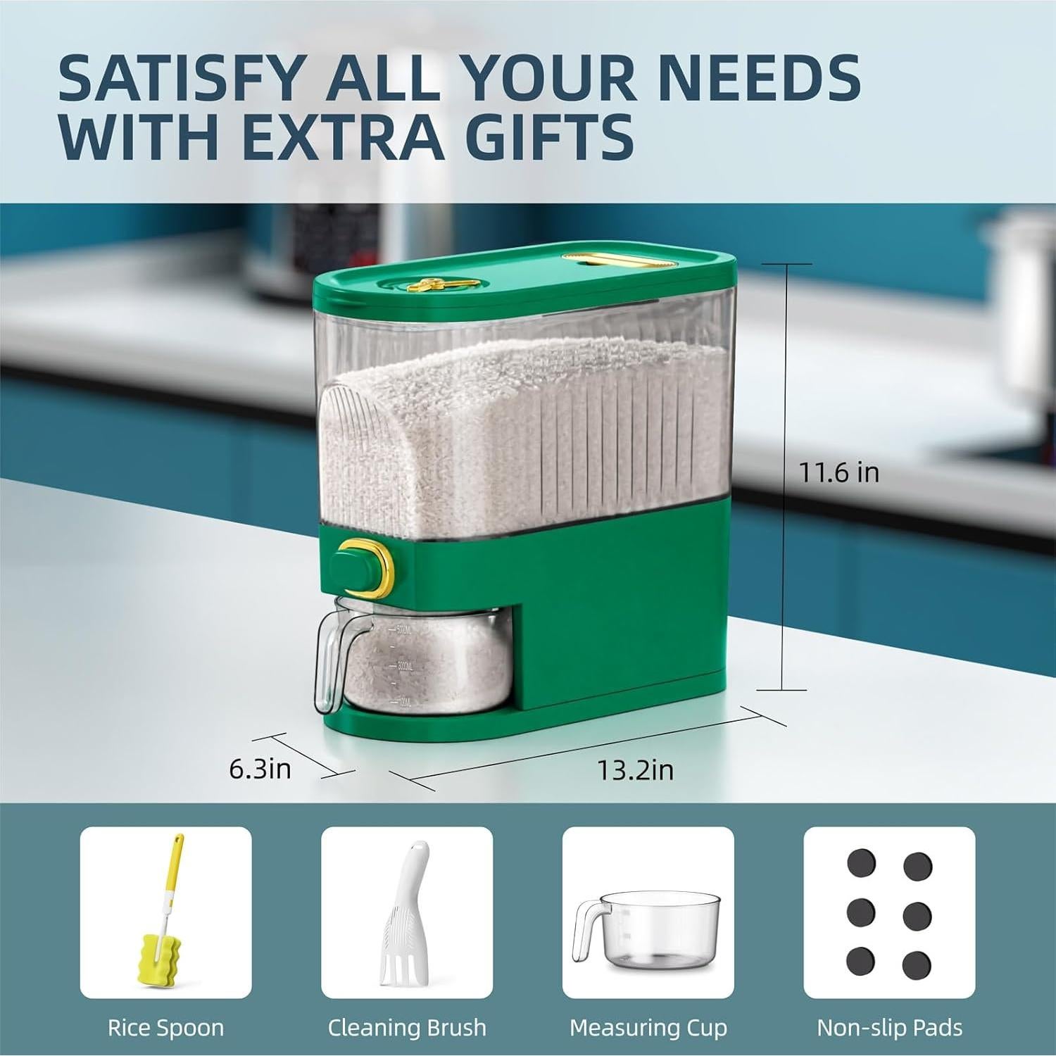 Rice Dispenser, 11Lbs-12Lbs Rice Container with Measuring Cup, Upgraded Lid Time Dials & Built-in Fresh Box Rice Container Storage for Home Kitchen Pantry Stores Rice - Green Capacity 11Lbs-12Lbs