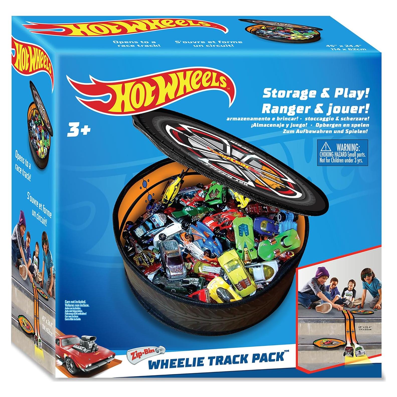 Tara Toy: ZipBin Wheelie Track Pack - Unzips Into A Racetrack Mat, Holds 100 Toy Cars, Storage & Play, Circle Tire Design, Kids Ages 3+